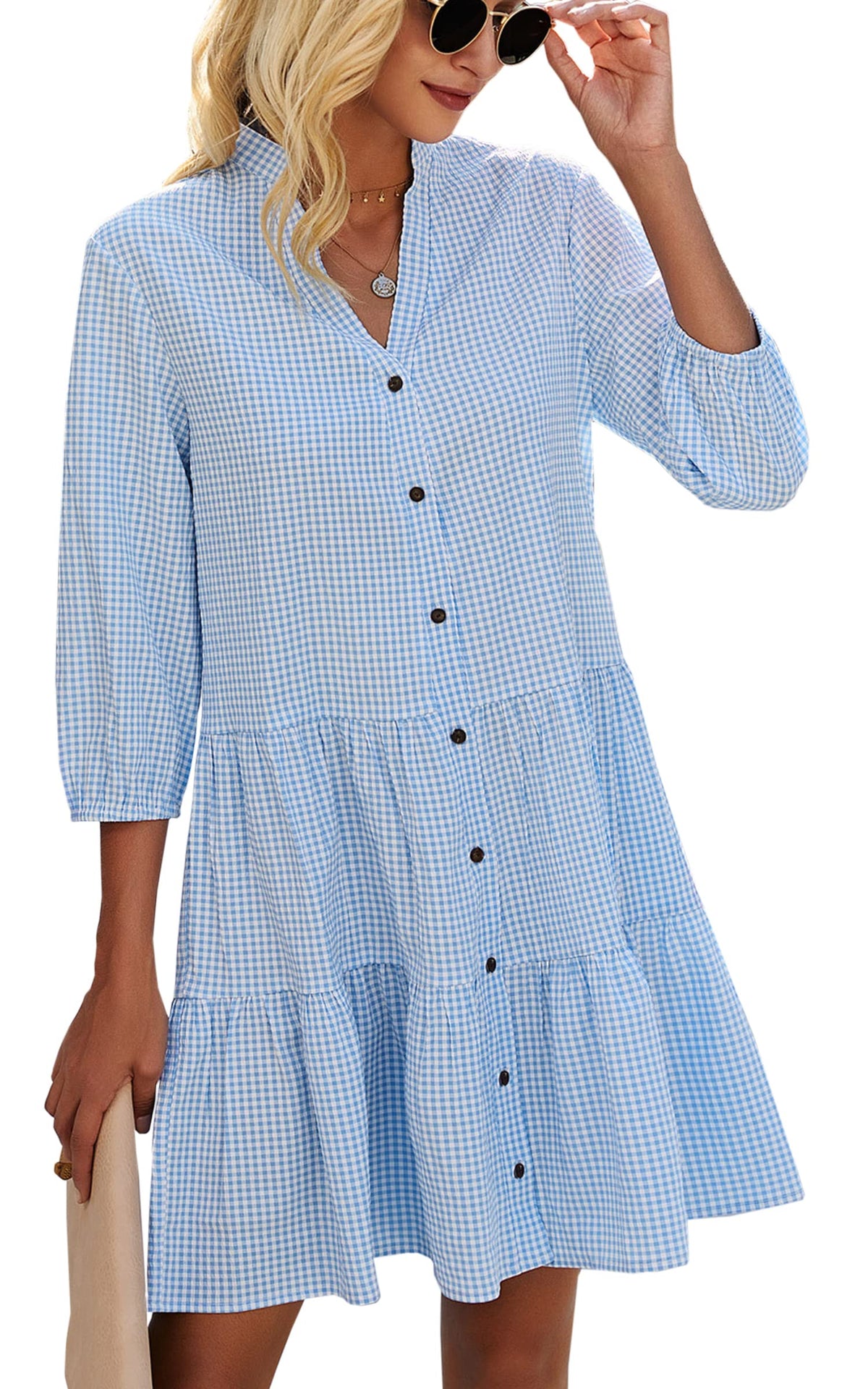 Limited time sale🔥Women's Button Down 3/4 Sleeve Gingham Shirt Dress