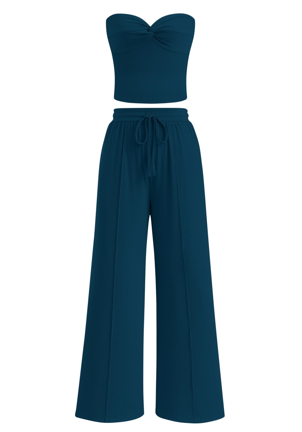 Women Ribbed Strapless Twist Knot Tube Top Pants 2 Piece Set
