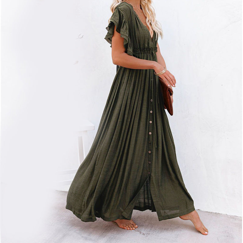Women's Button Down V Neck Ruffle Flowy Dress