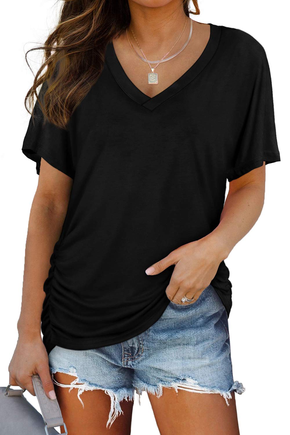 Women's Short Sleeve V Neck Dolman Tops with Side Pleats
