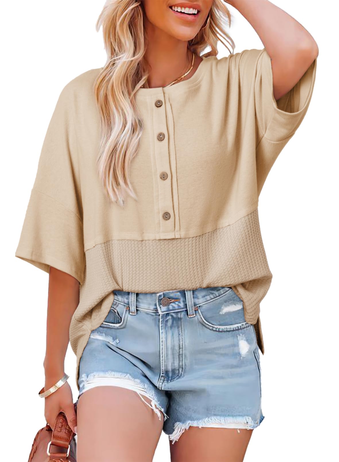 Limited time sale🔥Women's 3/4 Sleeve Casual Button Down Waffle Knit Tops