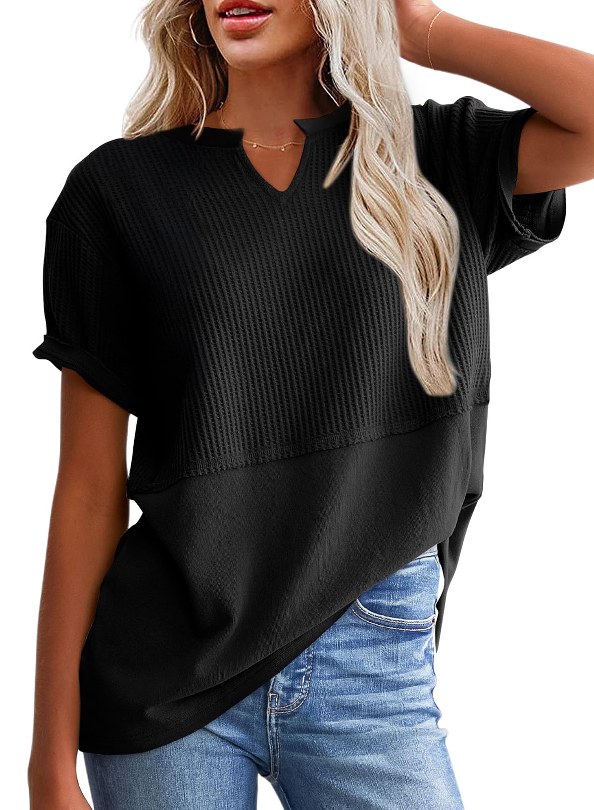 Limited time sale🔥Women's Casual V Neck Waffle Knit Tops Short Sleeve T Shirts