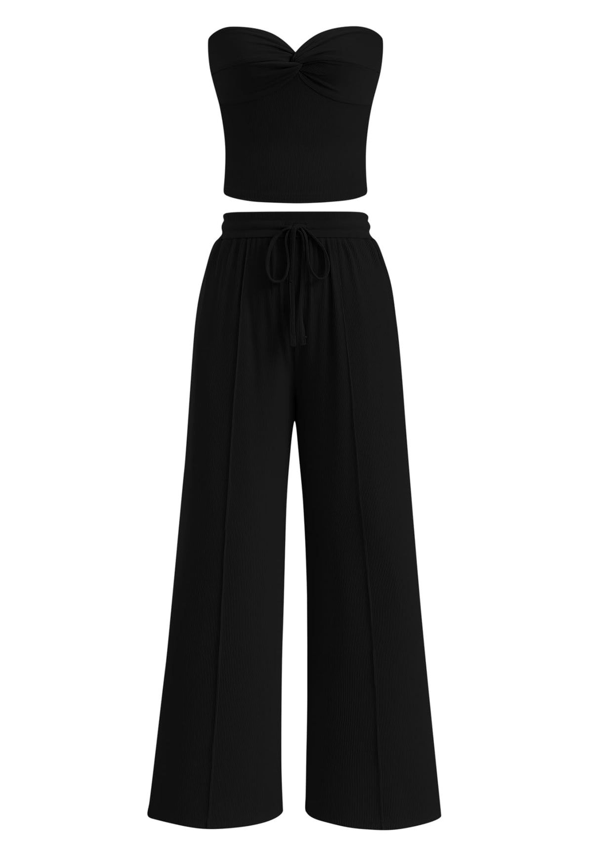 Women Ribbed Strapless Twist Knot Tube Top Pants 2 Piece Set