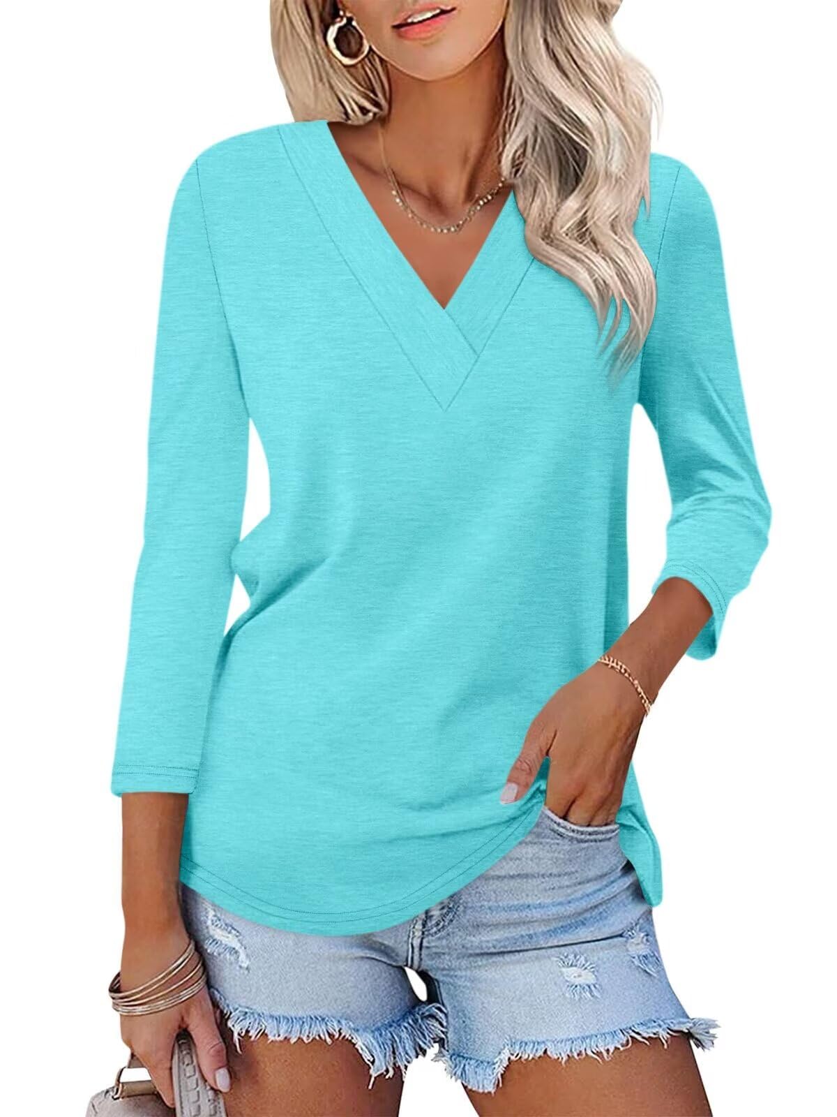 Limited time sale🔥Women's 3/4 Length Sleeves V Neck Shirts Basic Tees