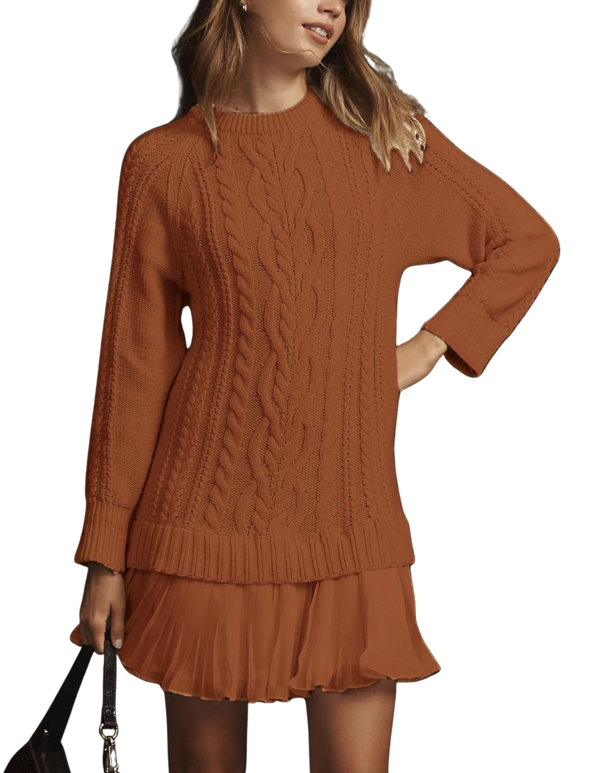 Limited time sale🔥Women Crewneck Cable Knit Sweater Mini Dress