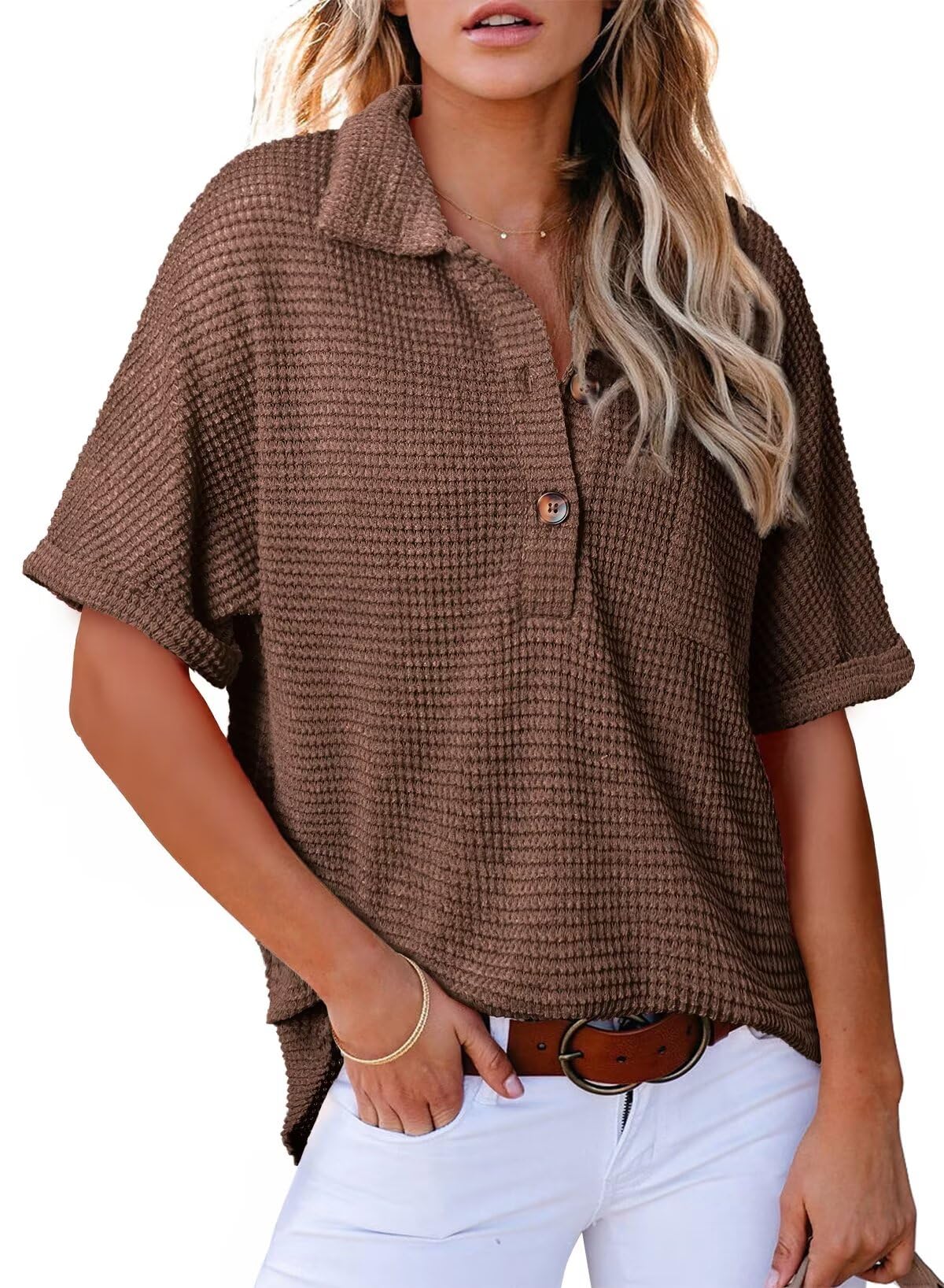 Limited time sale🔥Women's Waffle Knit Short Sleeve Tunic Henley Top