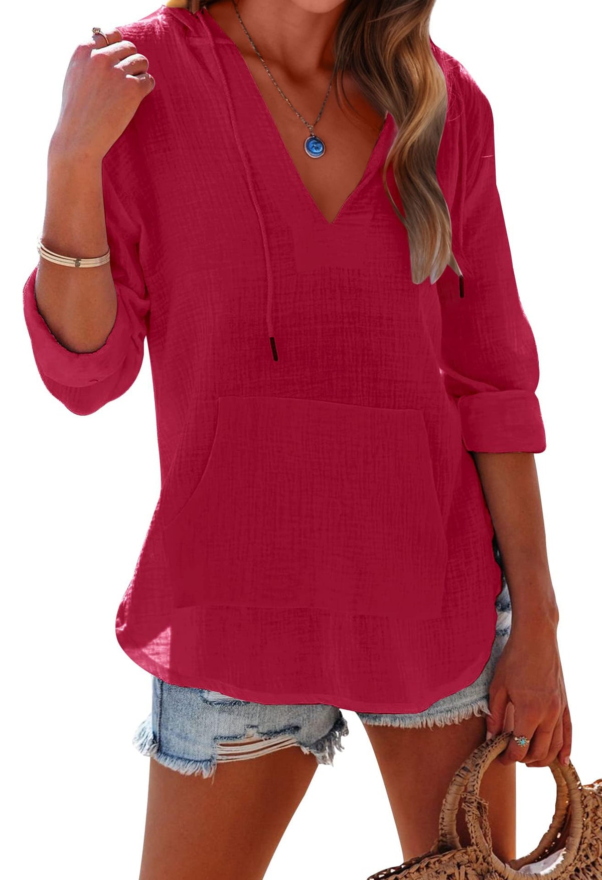 Limited time sale🔥 Women's Long Sleeve V Neck Pocketed Hooded Shirt Top