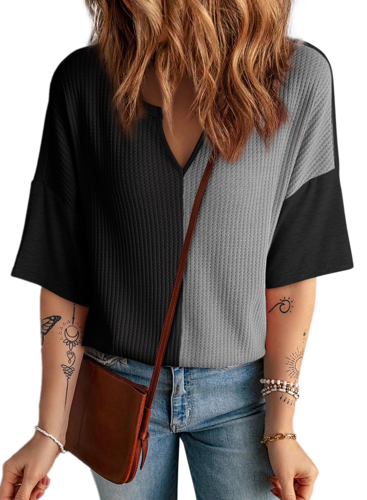 Limited time sale🔥Women's Half Sleeve Waffle Knit Casual V Neck Colorblock Patchwork Shirts