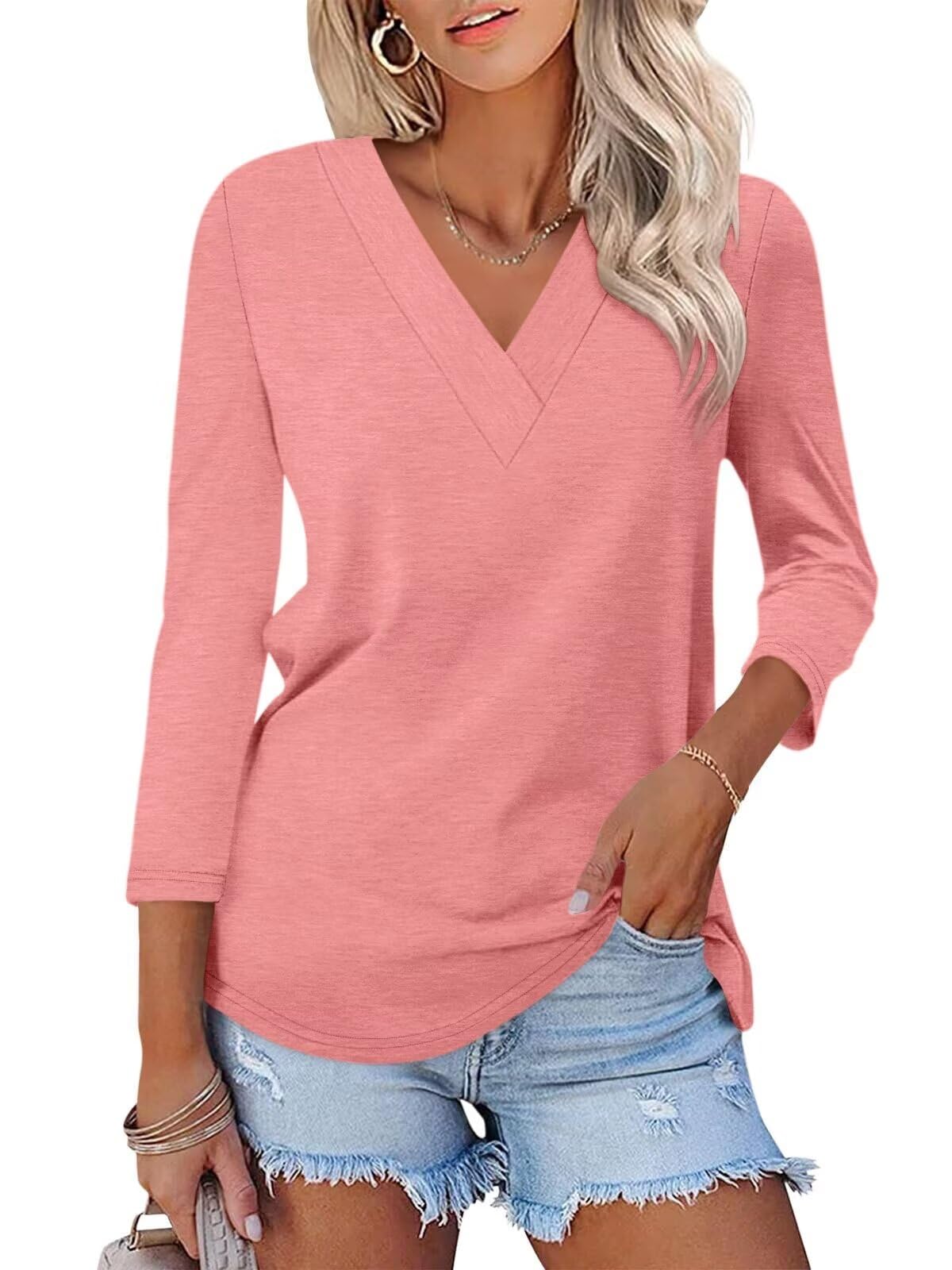 Limited time sale🔥Women's 3/4 Length Sleeves V Neck Shirts Basic Tees