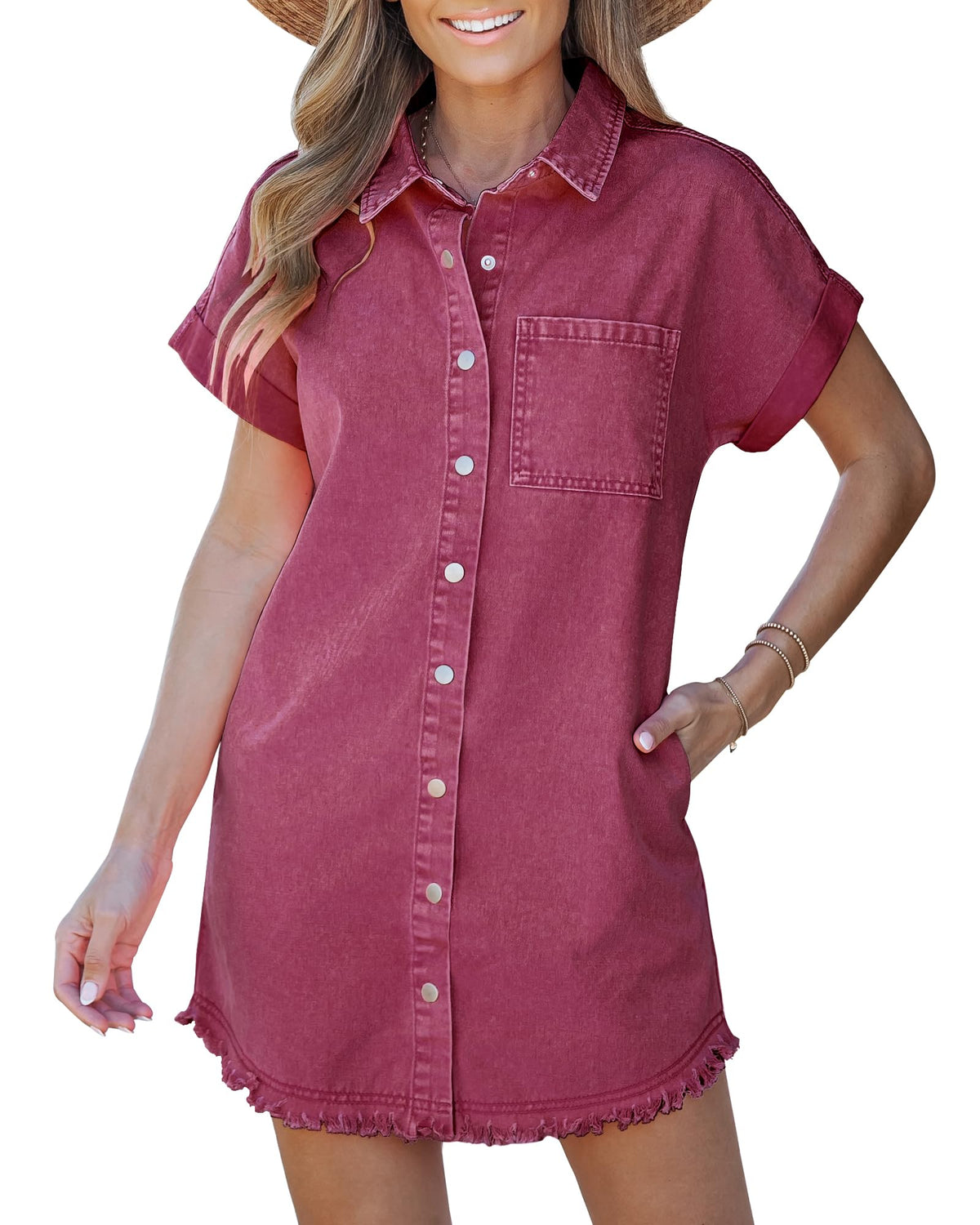 Limited time sale🔥Women's Button Down Frayed Hem Denim Shirt Dresses