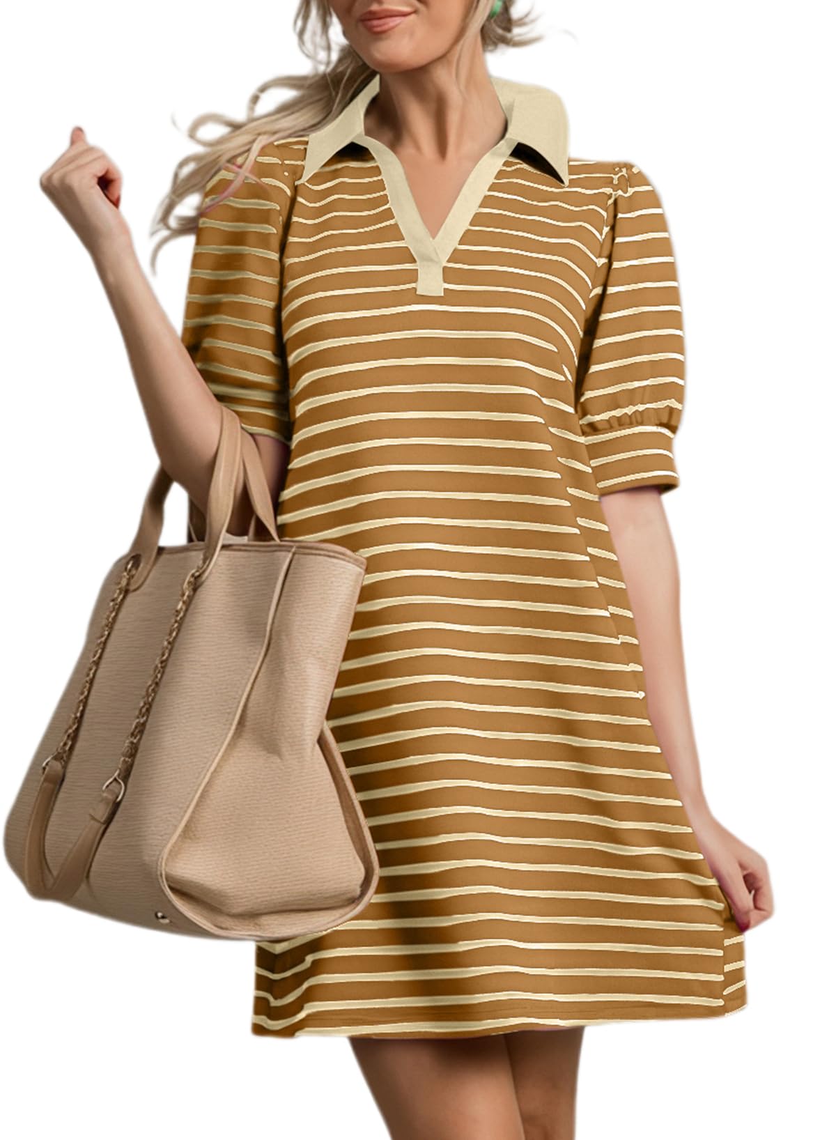Limited time sale🔥Women's Casual Polo V Neck T Shirt Striped Dress