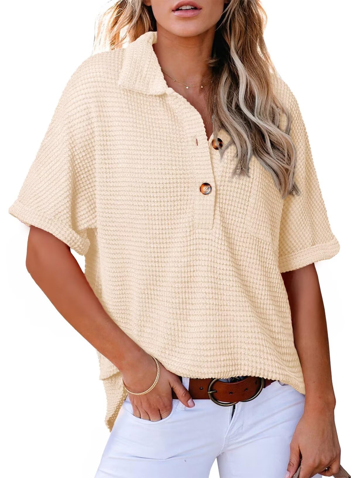 Limited time sale🔥Women's Waffle Knit Short Sleeve Tunic Henley Top