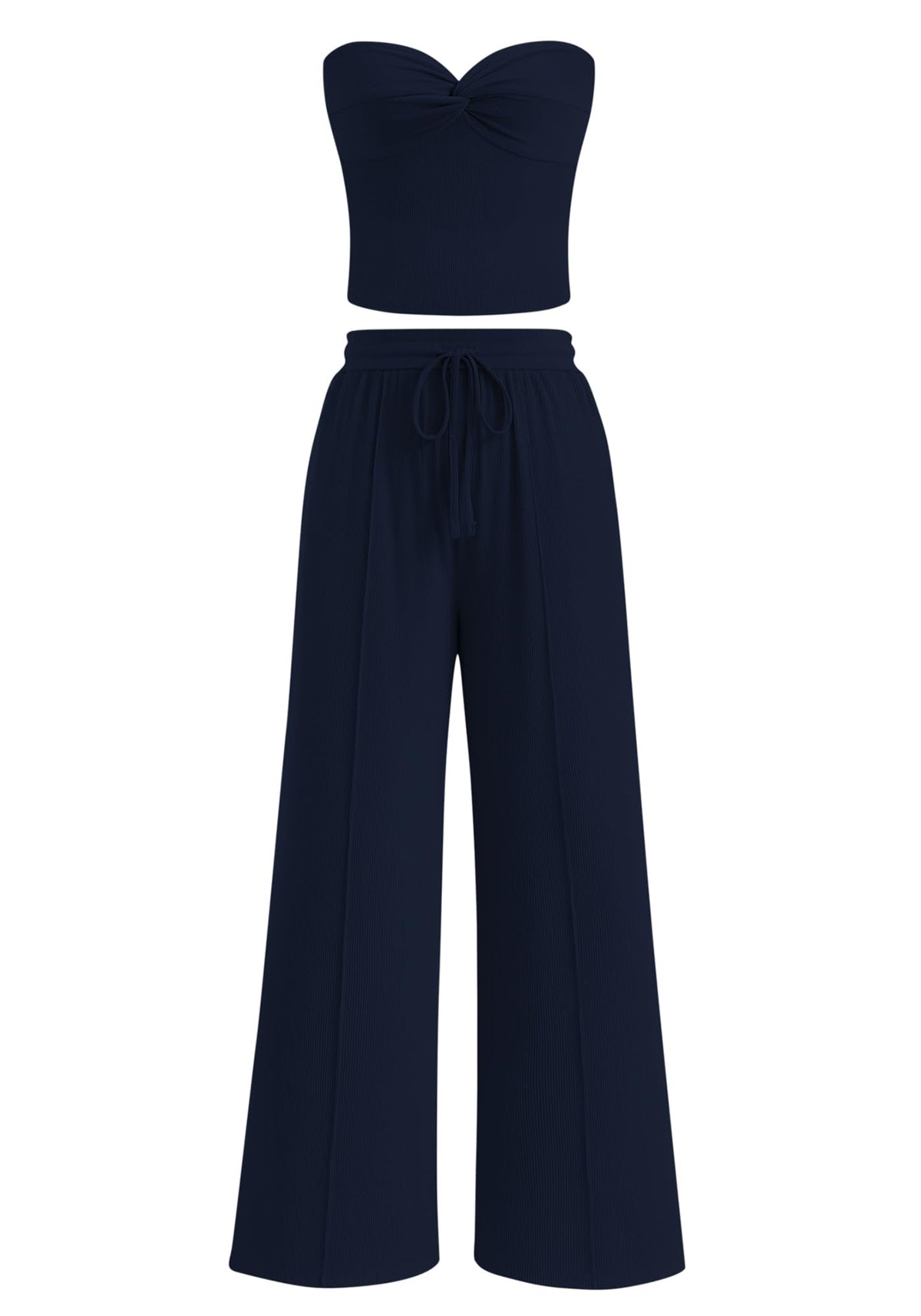 Women Ribbed Strapless Twist Knot Tube Top Pants 2 Piece Set
