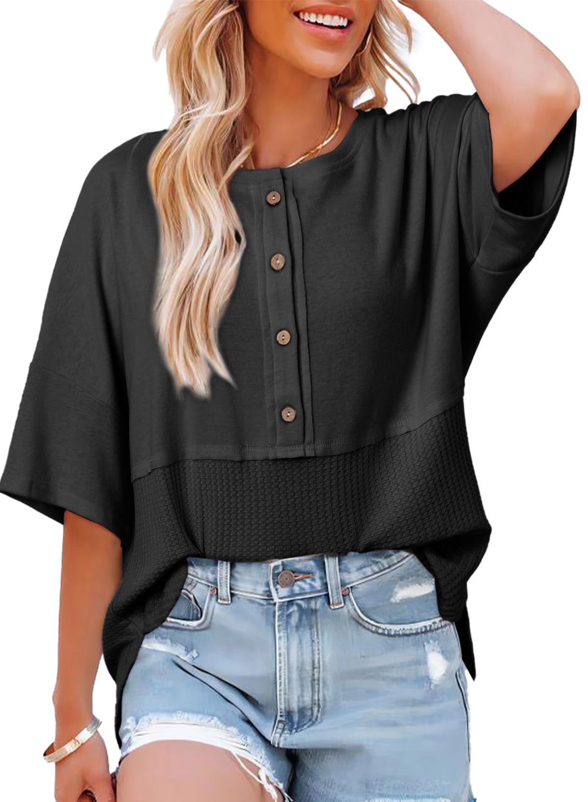 Limited time sale🔥Women's 3/4 Sleeve Casual Button Down Waffle Knit Tops