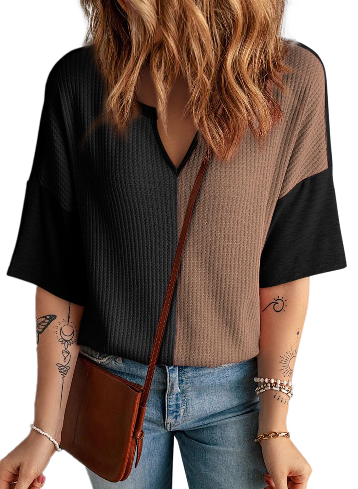 Limited time sale🔥Women's Half Sleeve Waffle Knit Casual V Neck Colorblock Patchwork Shirts