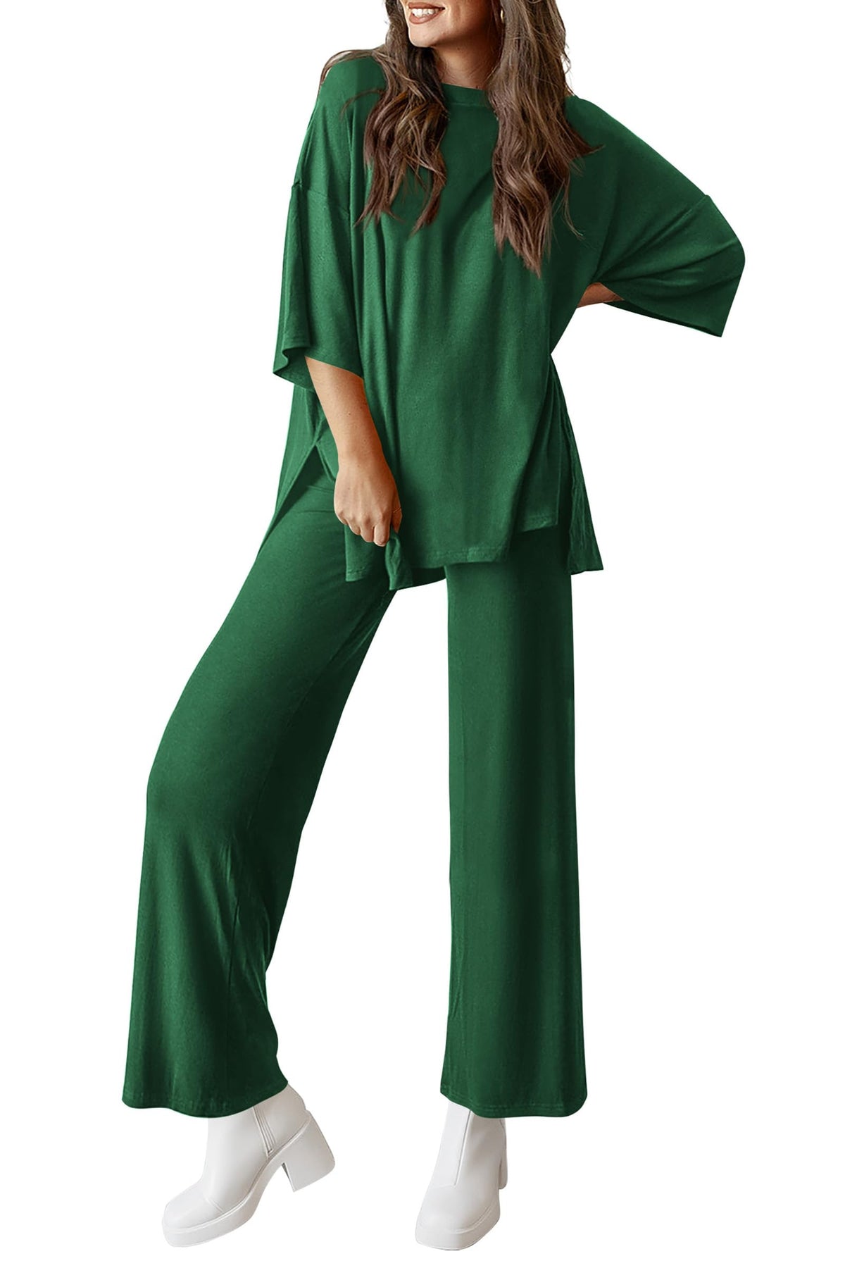 Women's 2 Piece Outfits Casual Short Tops and Wide Leg Pants Lounge Sets
