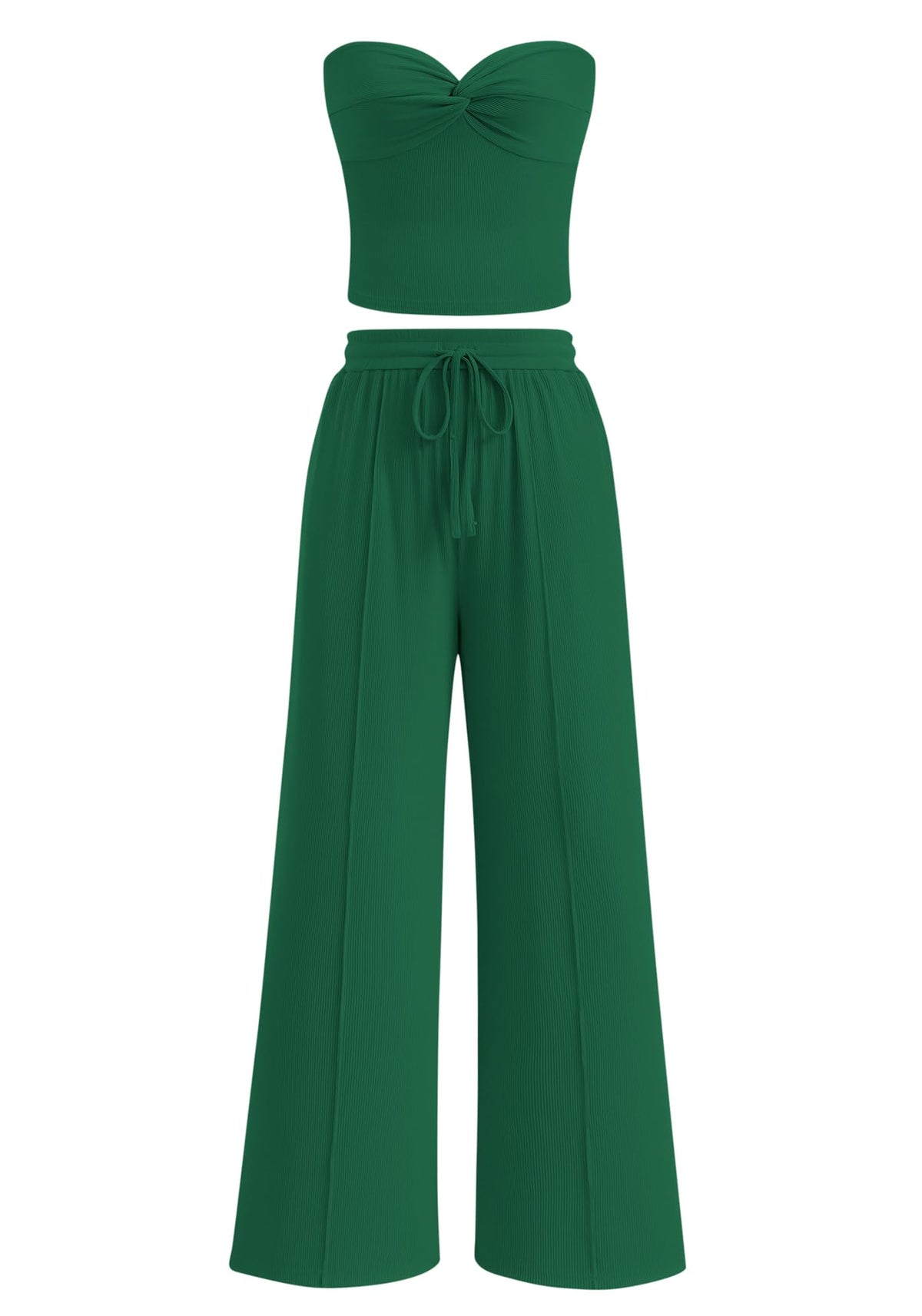 Women Ribbed Strapless Twist Knot Tube Top Pants 2 Piece Set