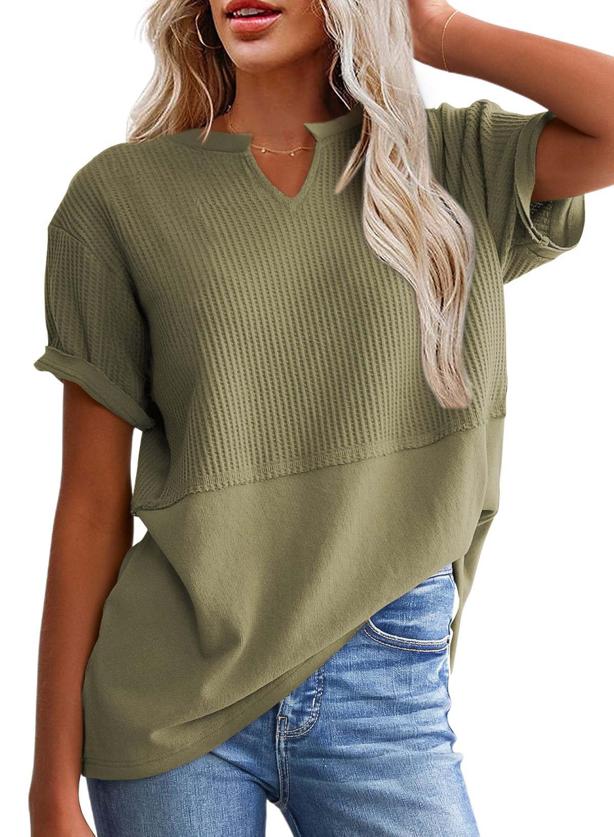 Limited time sale🔥Women's Casual V Neck Waffle Knit Tops Short Sleeve T Shirts