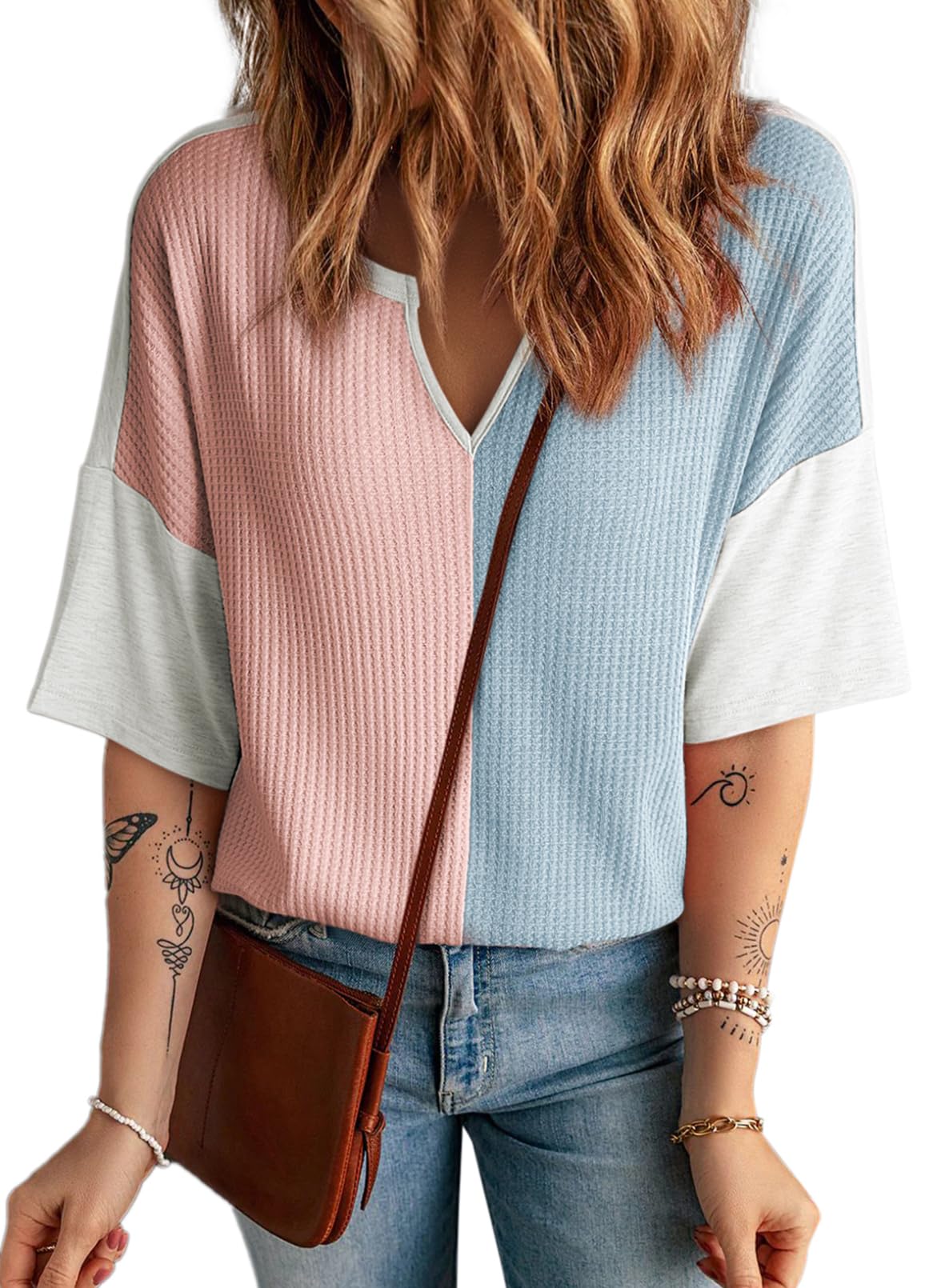 Limited time sale🔥Women's Half Sleeve Waffle Knit Casual V Neck Colorblock Patchwork Shirts