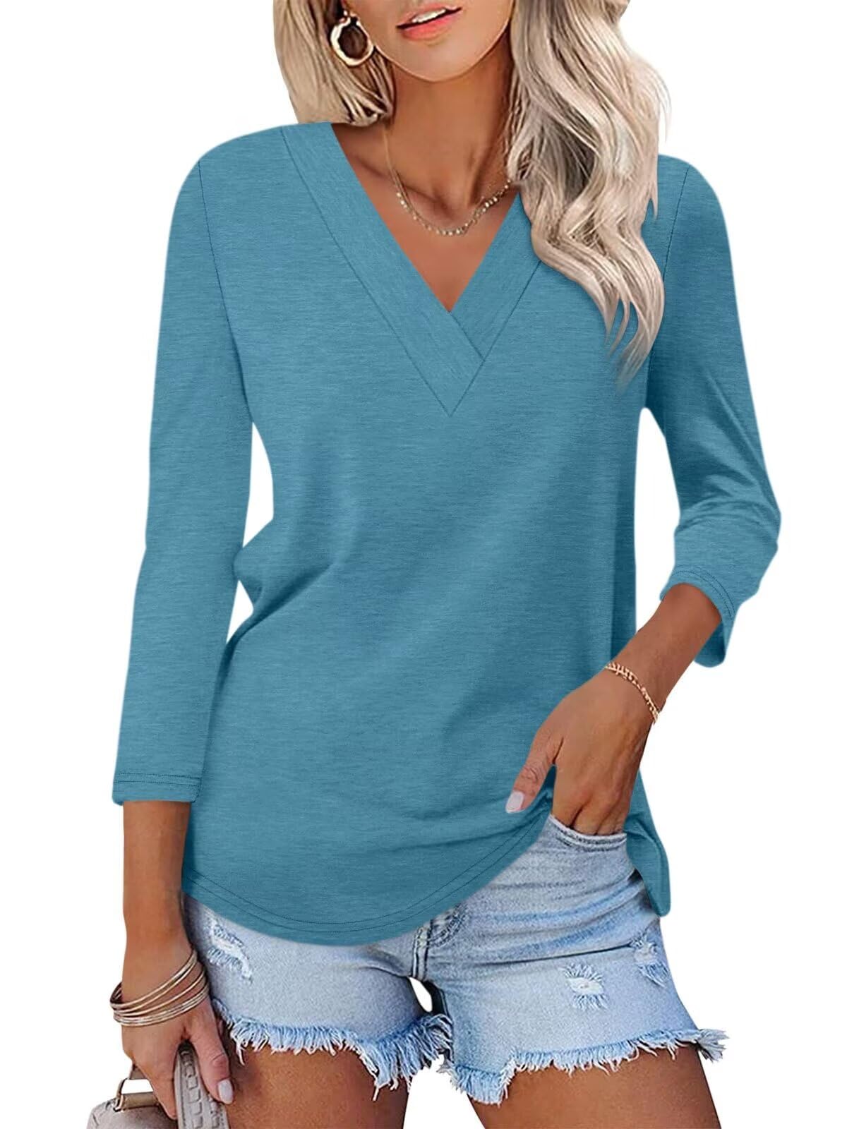 Limited time sale🔥Women's 3/4 Length Sleeves V Neck Shirts Basic Tees