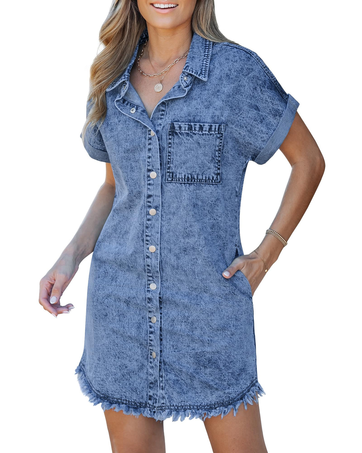 Limited time sale🔥Women's Button Down Frayed Hem Denim Shirt Dresses