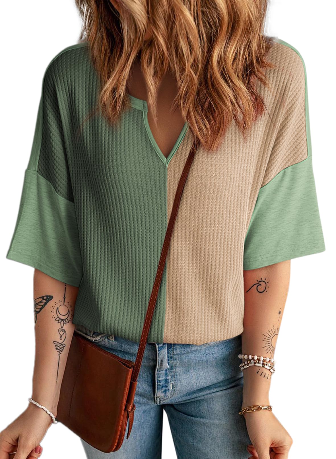 Limited time sale🔥Women's Half Sleeve Waffle Knit Casual V Neck Colorblock Patchwork Shirts