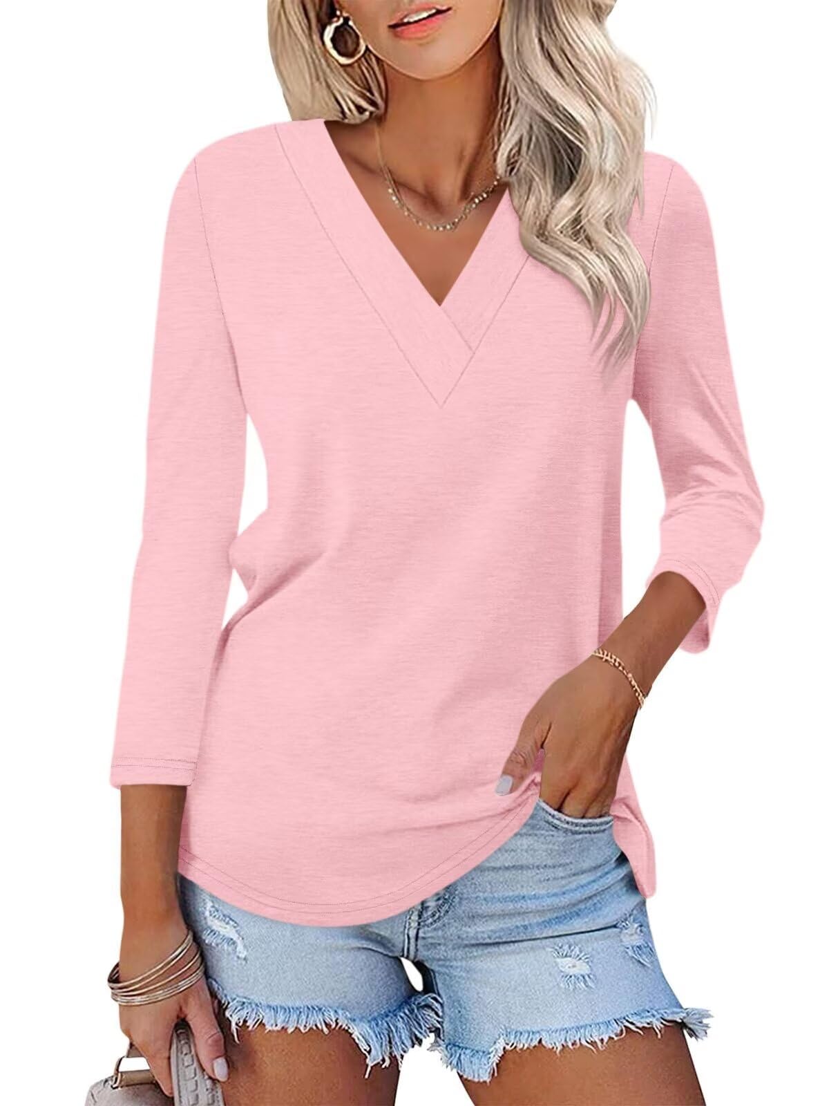 Limited time sale🔥Women's 3/4 Length Sleeves V Neck Shirts Basic Tees