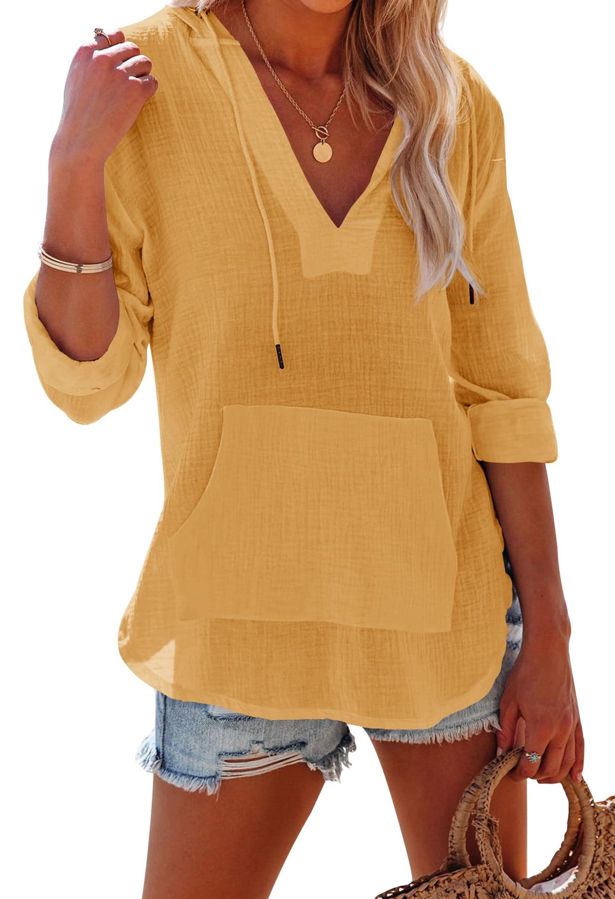 Limited time sale🔥 Women's Long Sleeve V Neck Pocketed Hooded Shirt Top