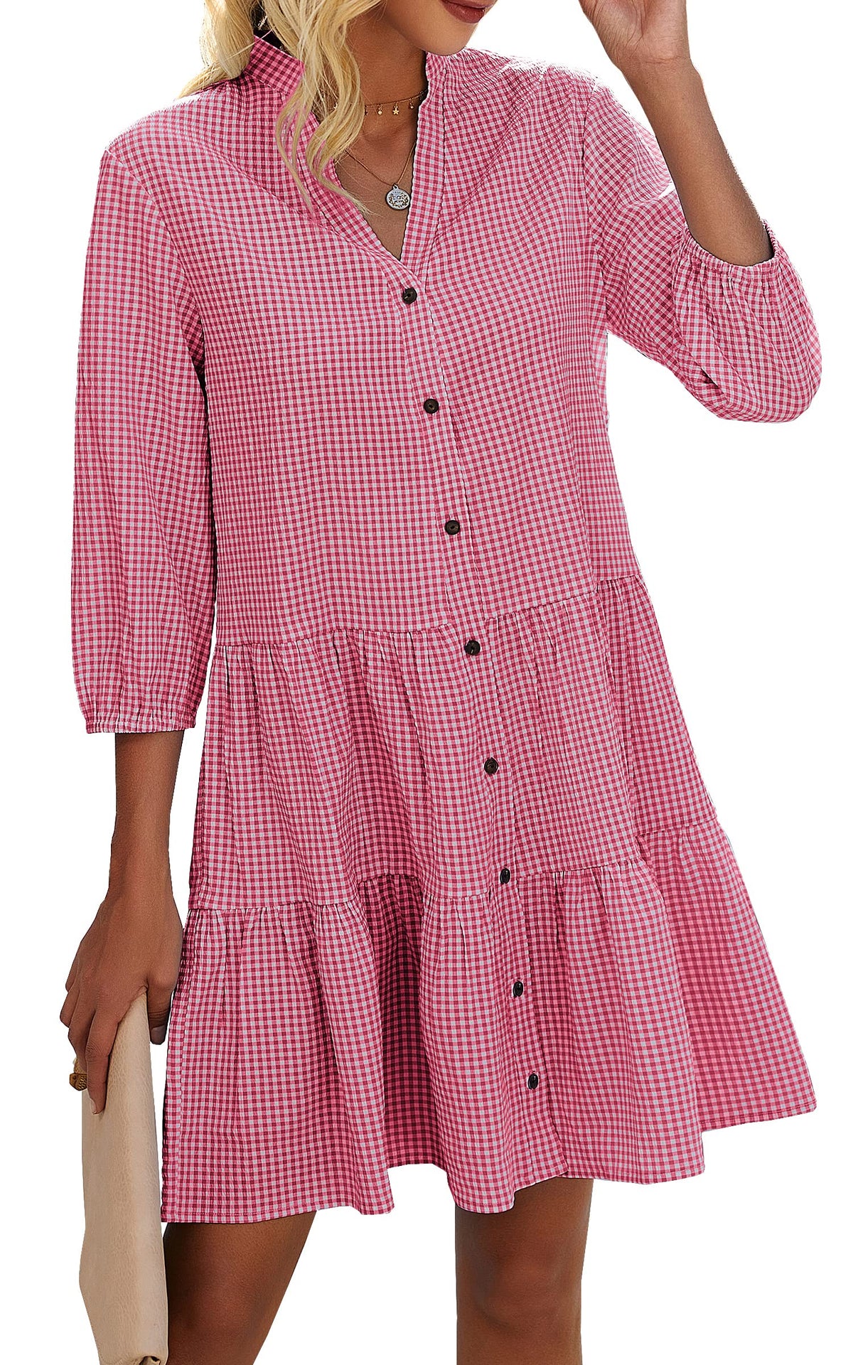 Limited time sale🔥Women's Button Down 3/4 Sleeve Gingham Shirt Dress