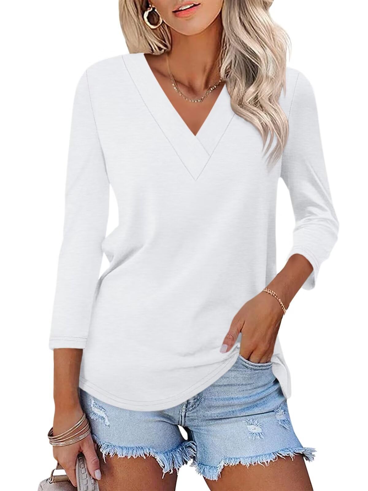 Limited time sale🔥Women's 3/4 Length Sleeves V Neck Shirts Basic Tees