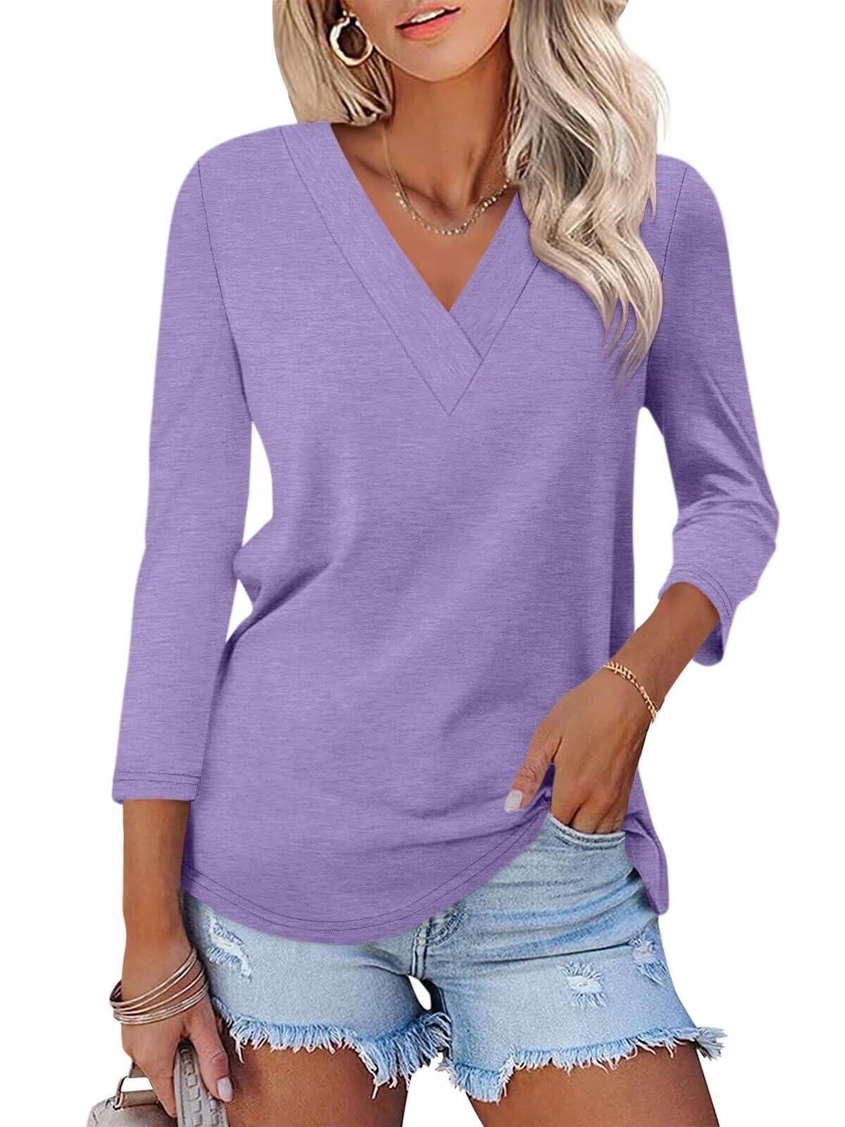 Limited time sale🔥Women's 3/4 Length Sleeves V Neck Shirts Basic Tees