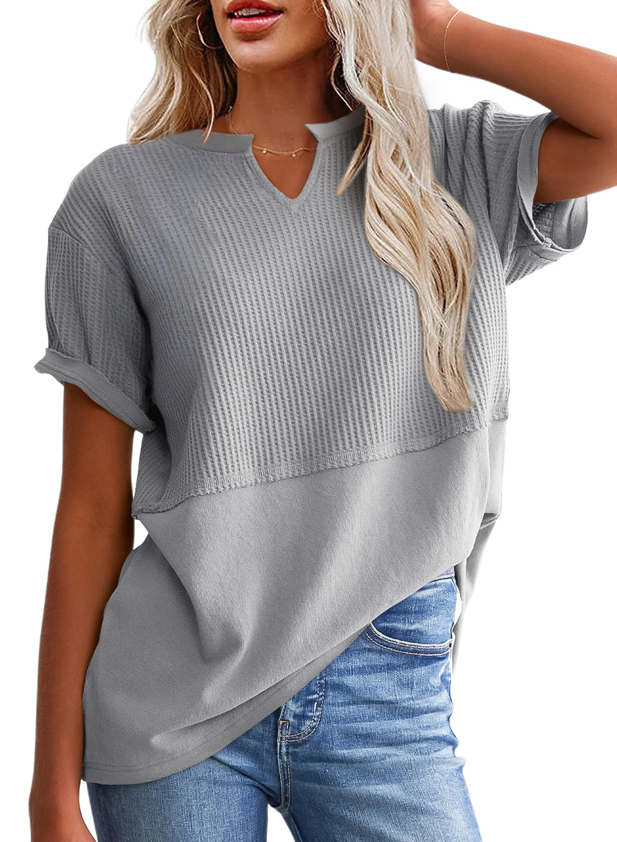 Limited time sale🔥Women's Casual V Neck Waffle Knit Tops Short Sleeve T Shirts