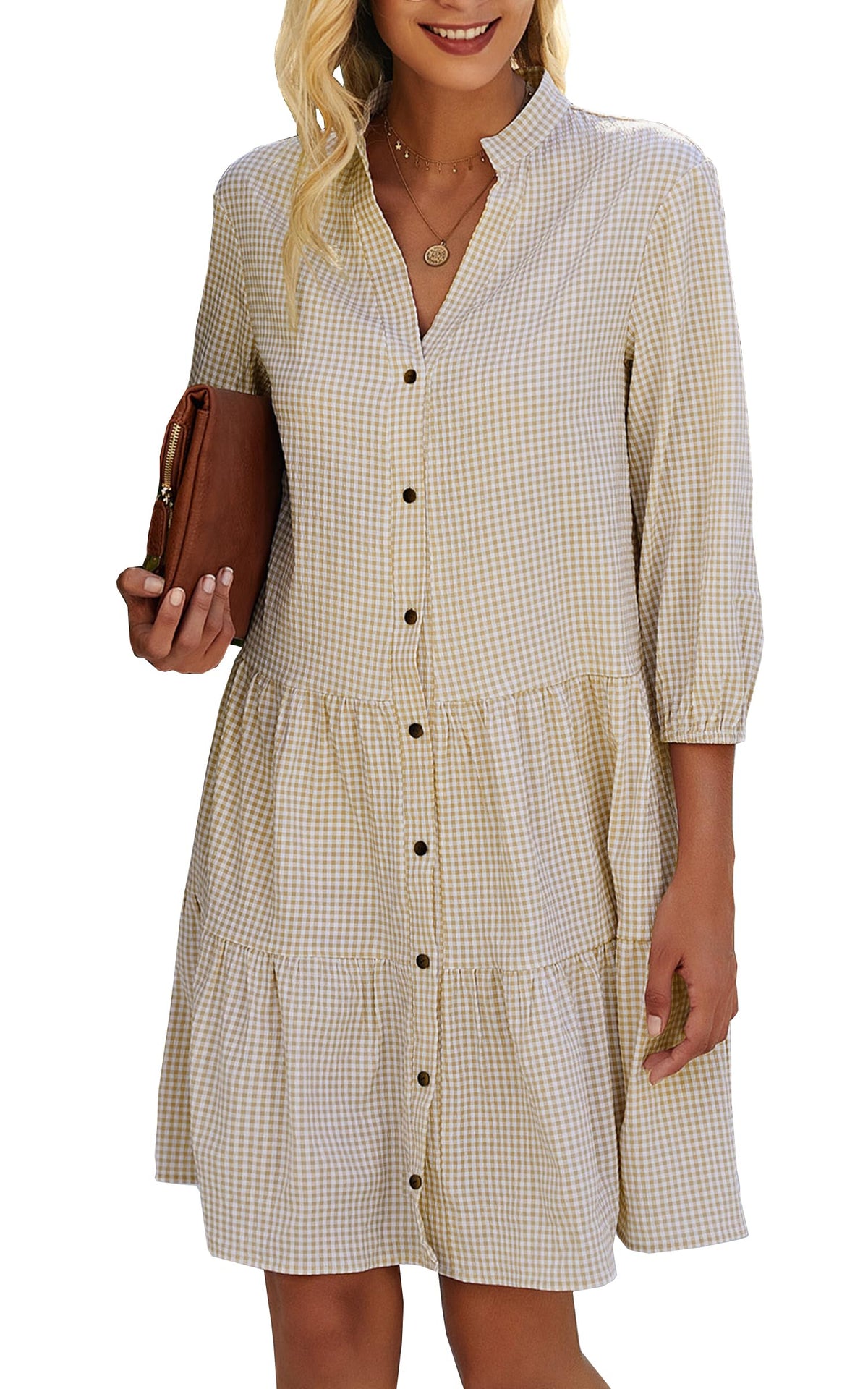 Limited time sale🔥Women's Button Down 3/4 Sleeve Gingham Shirt Dress