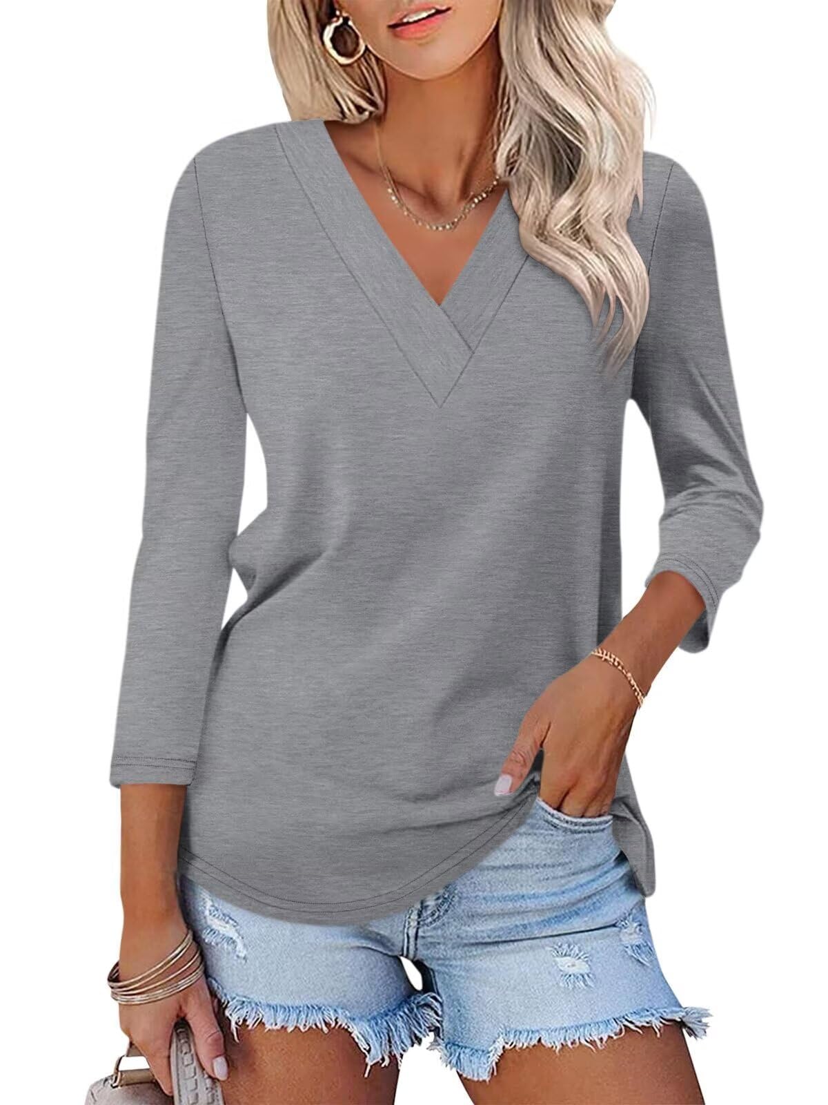 Limited time sale🔥Women's 3/4 Length Sleeves V Neck Shirts Basic Tees