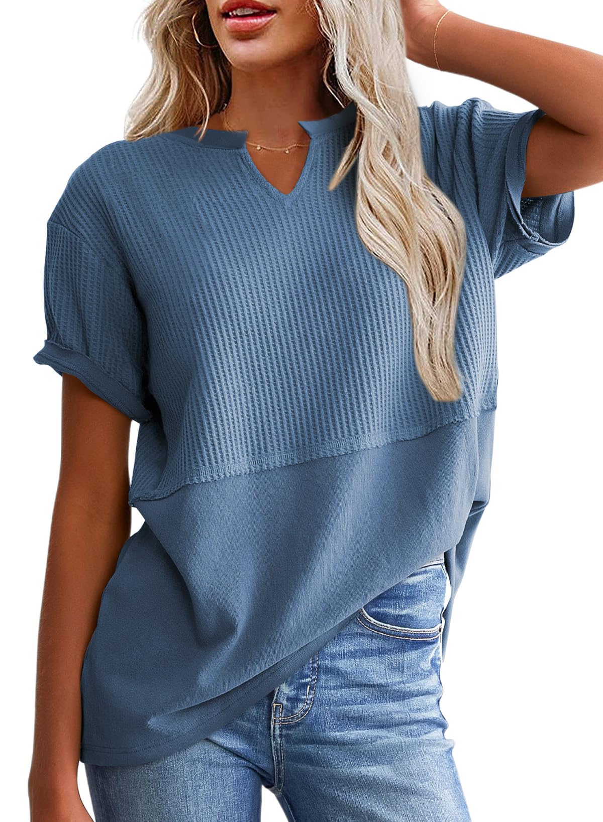 Limited time sale🔥Women's Casual V Neck Waffle Knit Tops Short Sleeve T Shirts