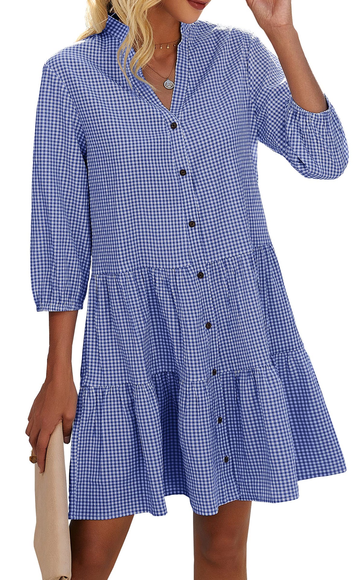 Limited time sale🔥Women's Button Down 3/4 Sleeve Gingham Shirt Dress