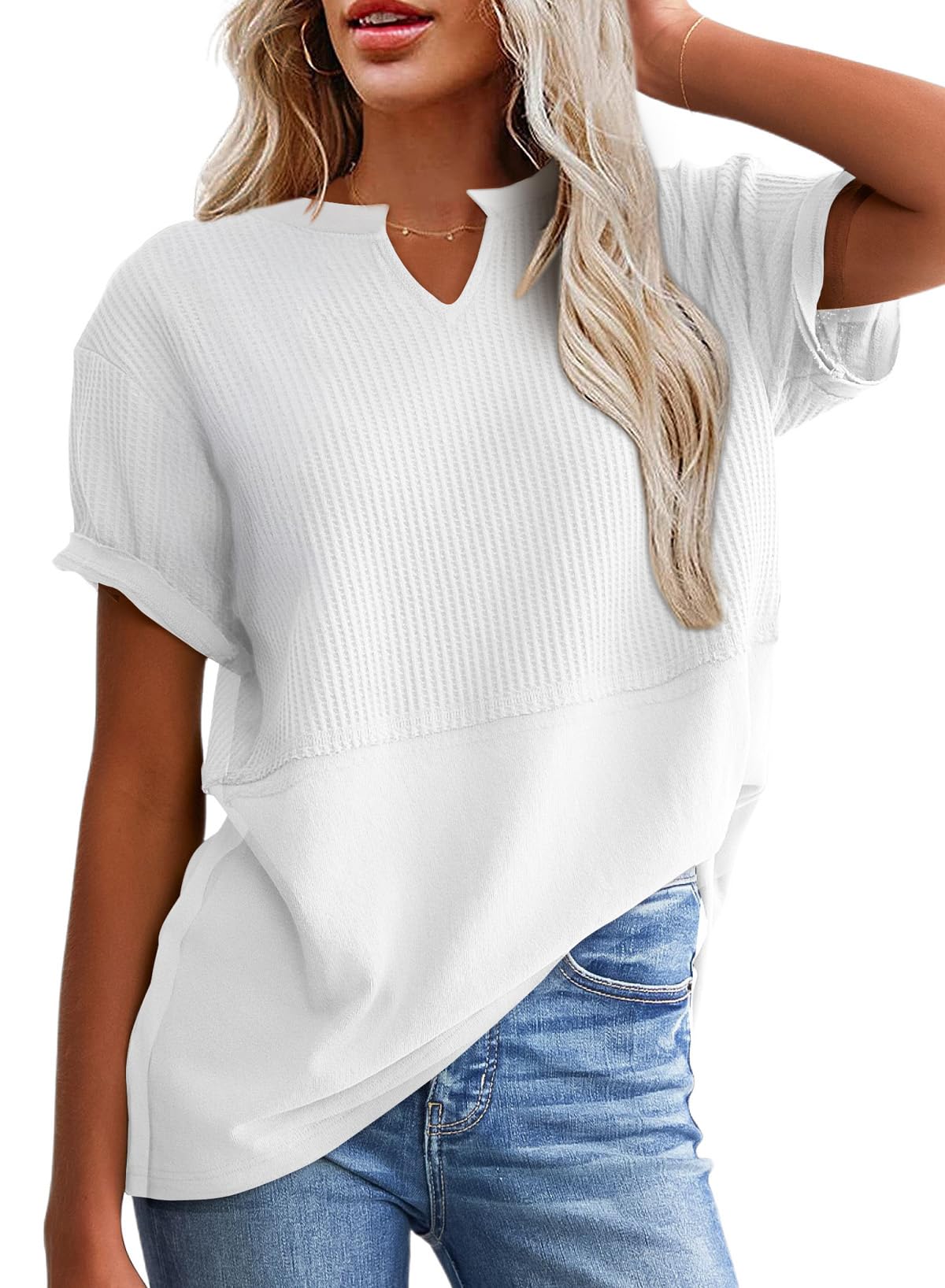 Limited time sale🔥Women's Casual V Neck Waffle Knit Tops Short Sleeve T Shirts