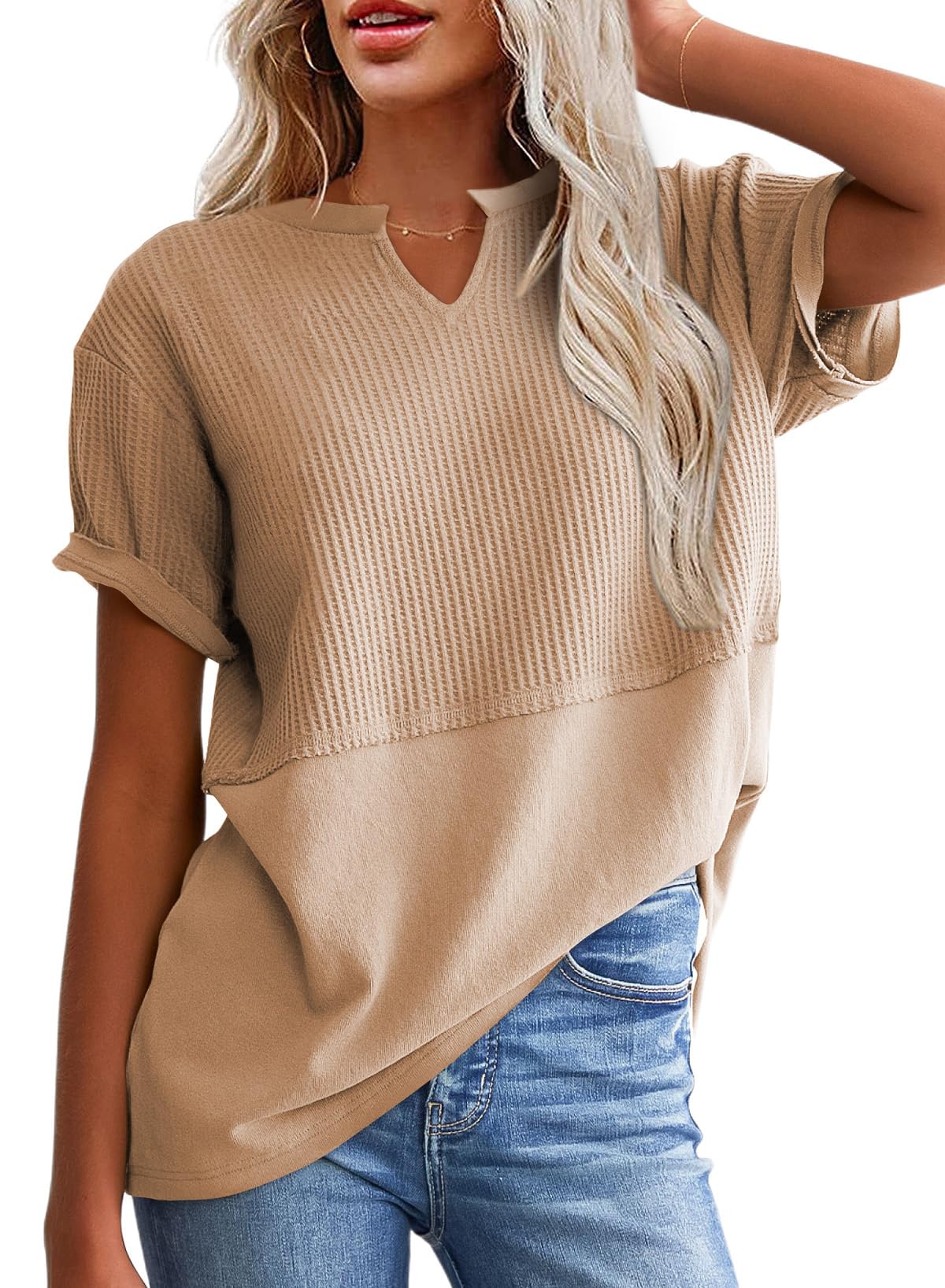 Limited time sale🔥Women's Casual V Neck Waffle Knit Tops Short Sleeve T Shirts
