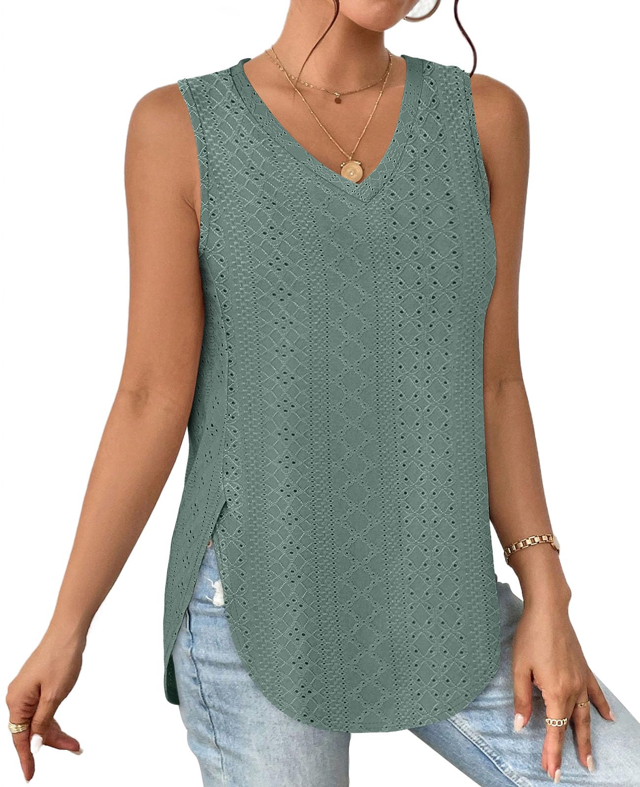 ✨ Womens V Neck Eyelet Embroidery Casaul Sleeveless Shirts