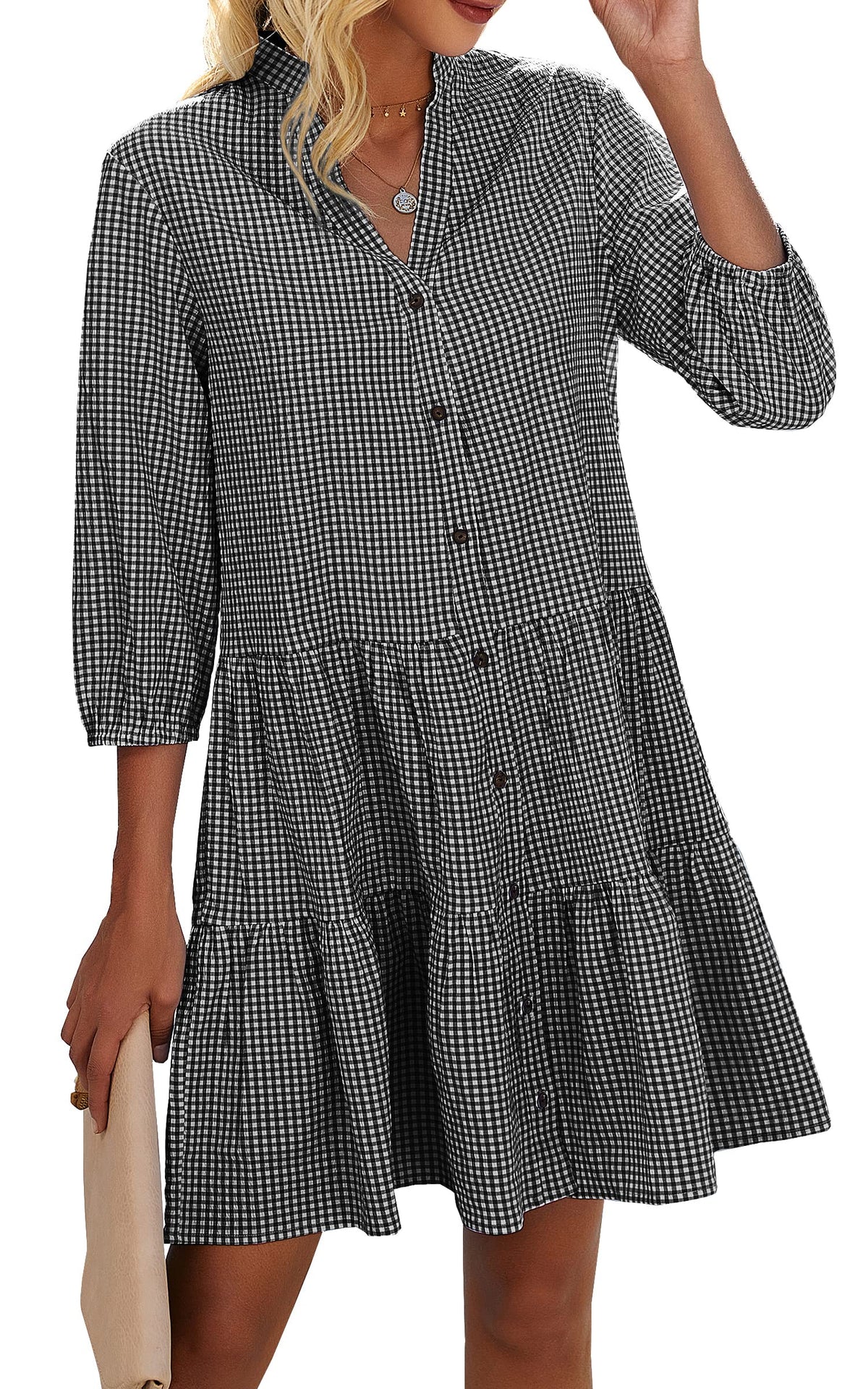 Limited time sale🔥Women's Button Down 3/4 Sleeve Gingham Shirt Dress