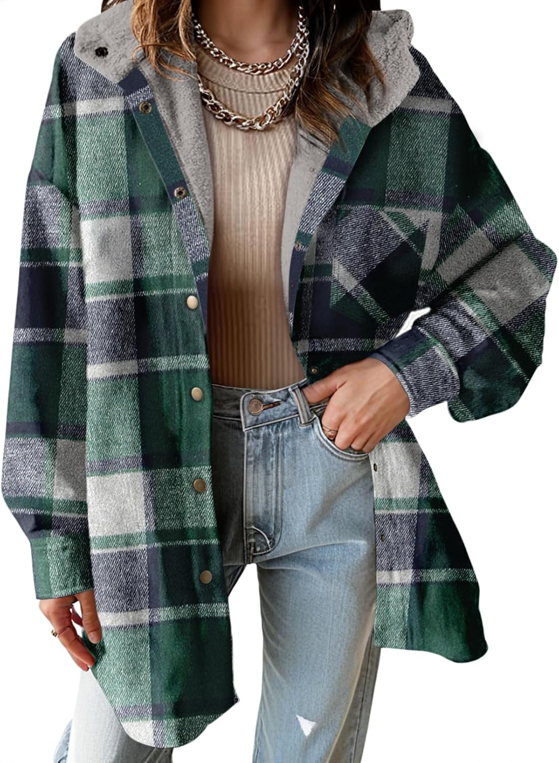 Women's Flannel Hooded Plaid Shacket Thick Coat Fuzzy Fleece Jacket