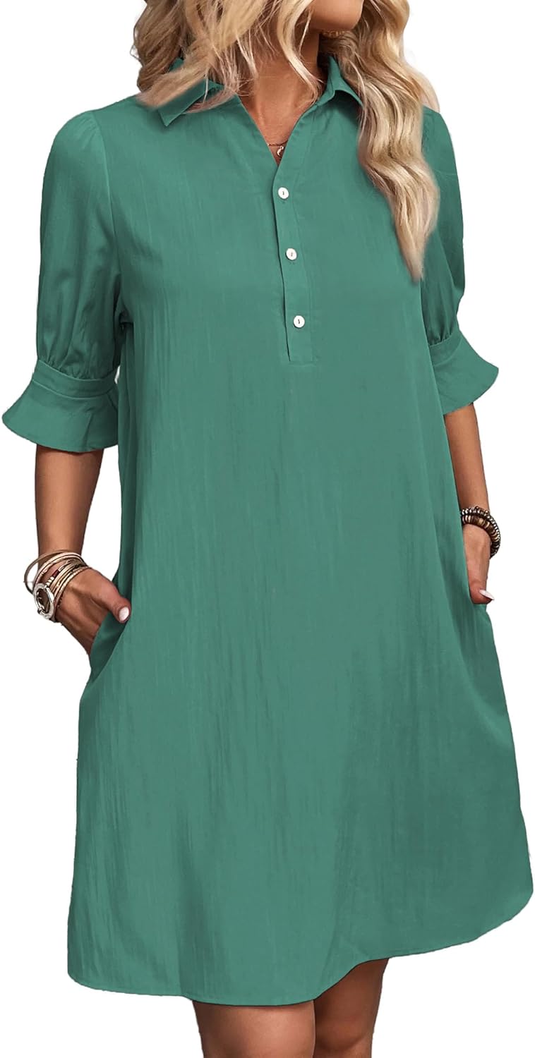 Limited time sale🔥 Womens Casual Shirt Dress Ruffle Sleeve Solid Color Button Down
