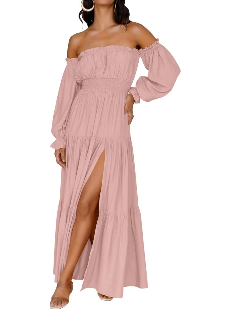 Limited time sale🔥Women's Boho Off Shoulder Long Sleeve Side Split Flowy A Line Long Maxi Dress