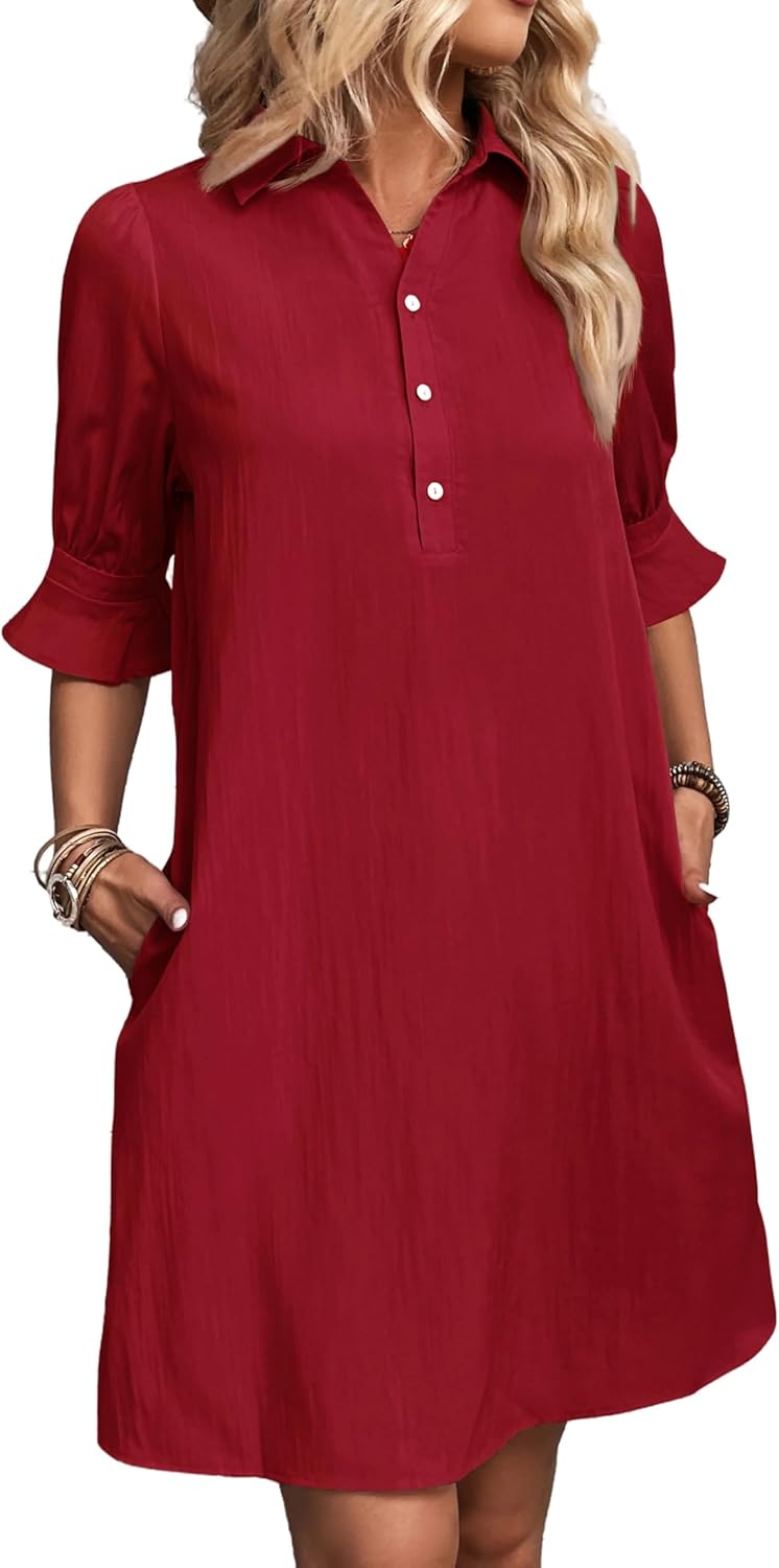 Limited time sale🔥 Womens Casual Shirt Dress Ruffle Sleeve Solid Color Button Down