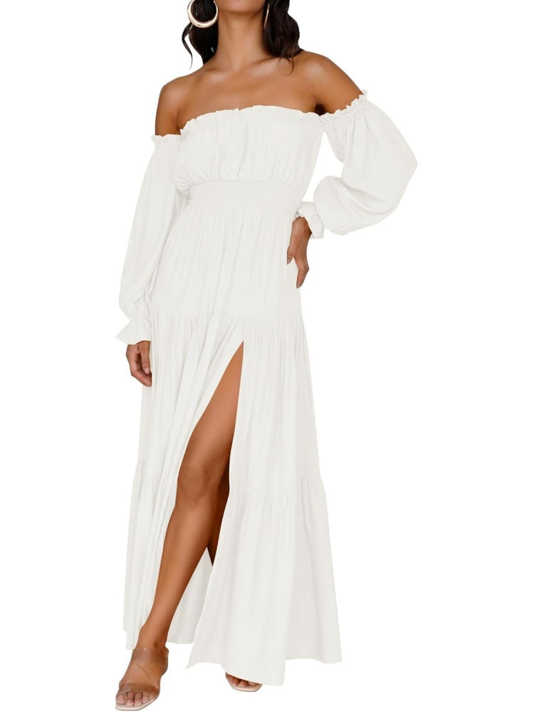 Limited time sale🔥Women's Boho Off Shoulder Long Sleeve Side Split Flowy A Line Long Maxi Dress