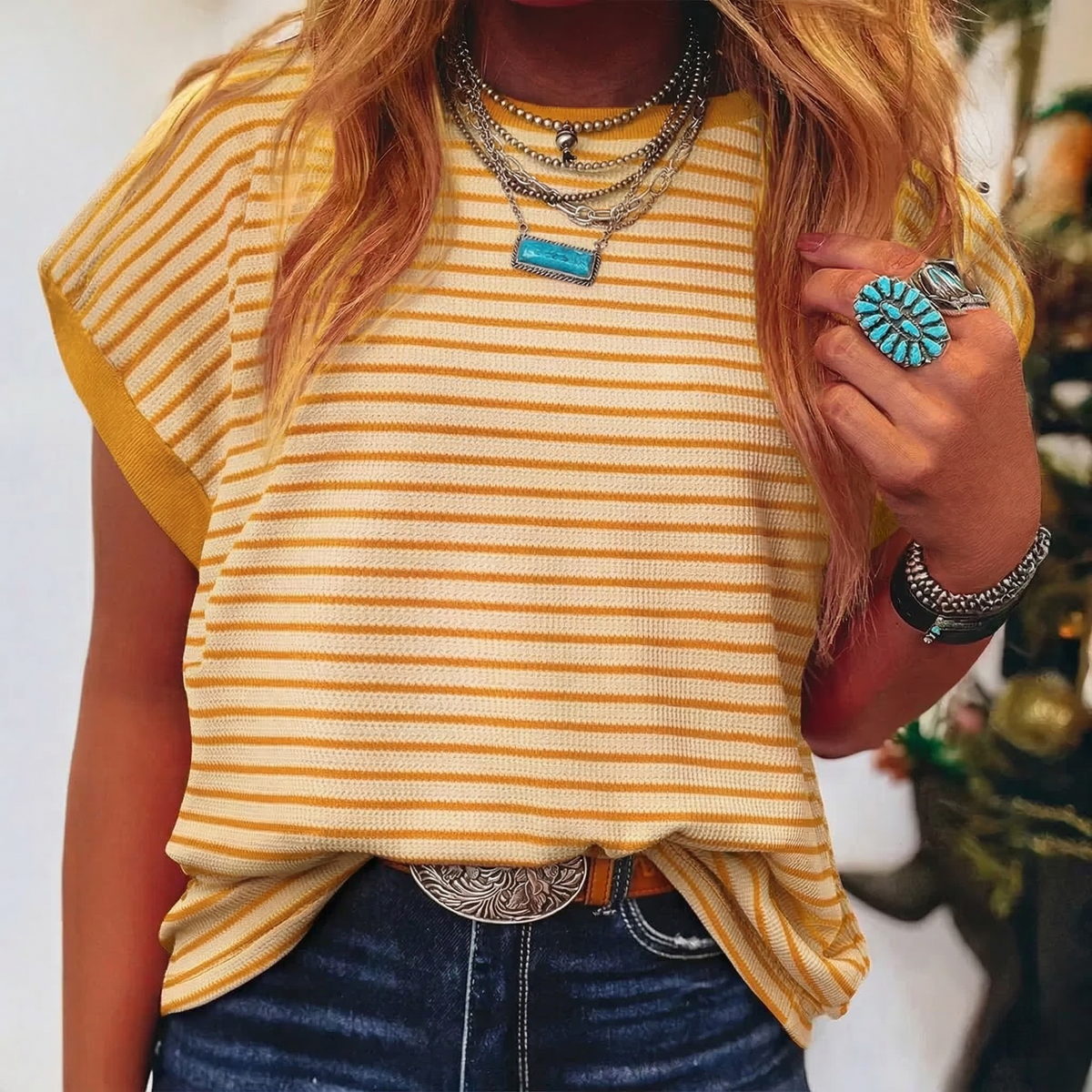 Limited time sale🔥Women's Striped Ribbed Knit Drop Shoulder Top