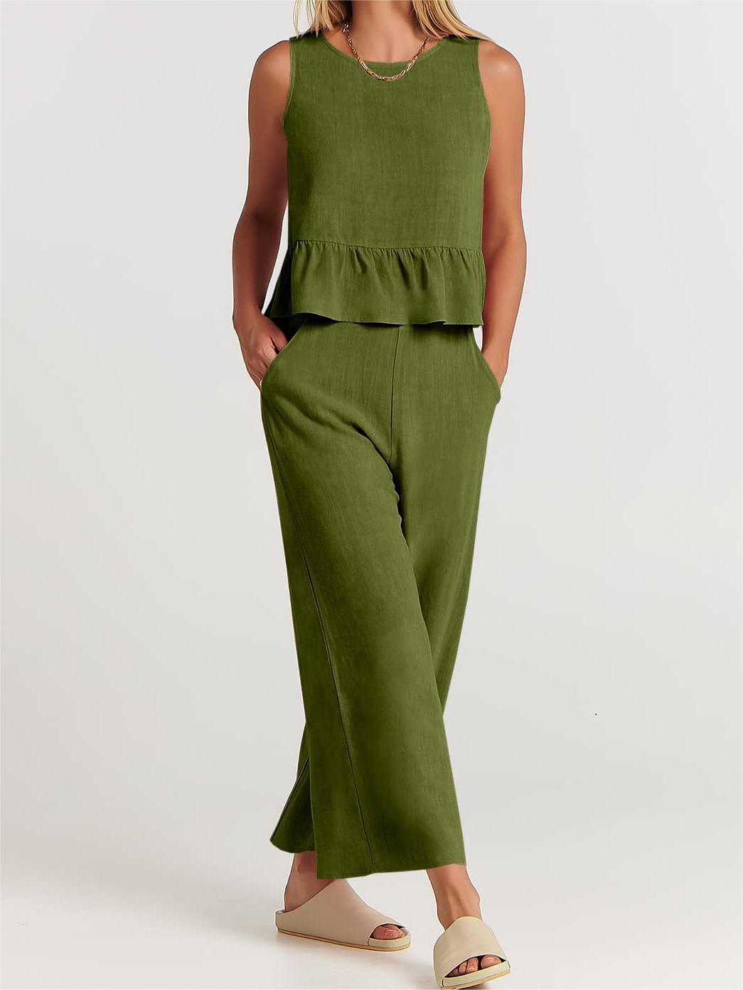 Limited time sale🔥Women 2 Piece Outfits Tank Crop Top Wide Leg Pants Lounge Matching Sets