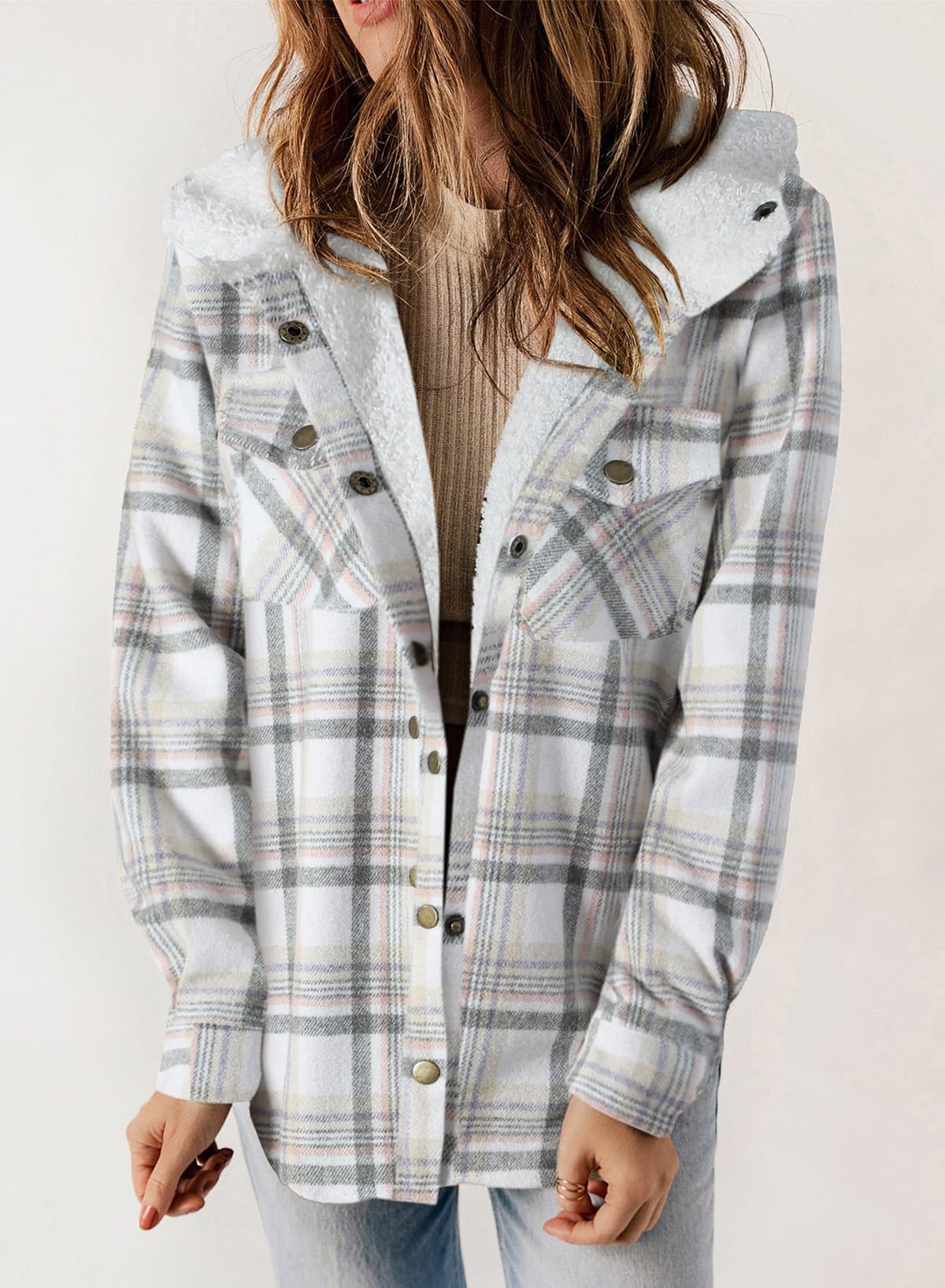 HOT SALE🔥Women's Fall Fuzzy Flannel Long Sleeve Plaid Jacket Coat with Hood