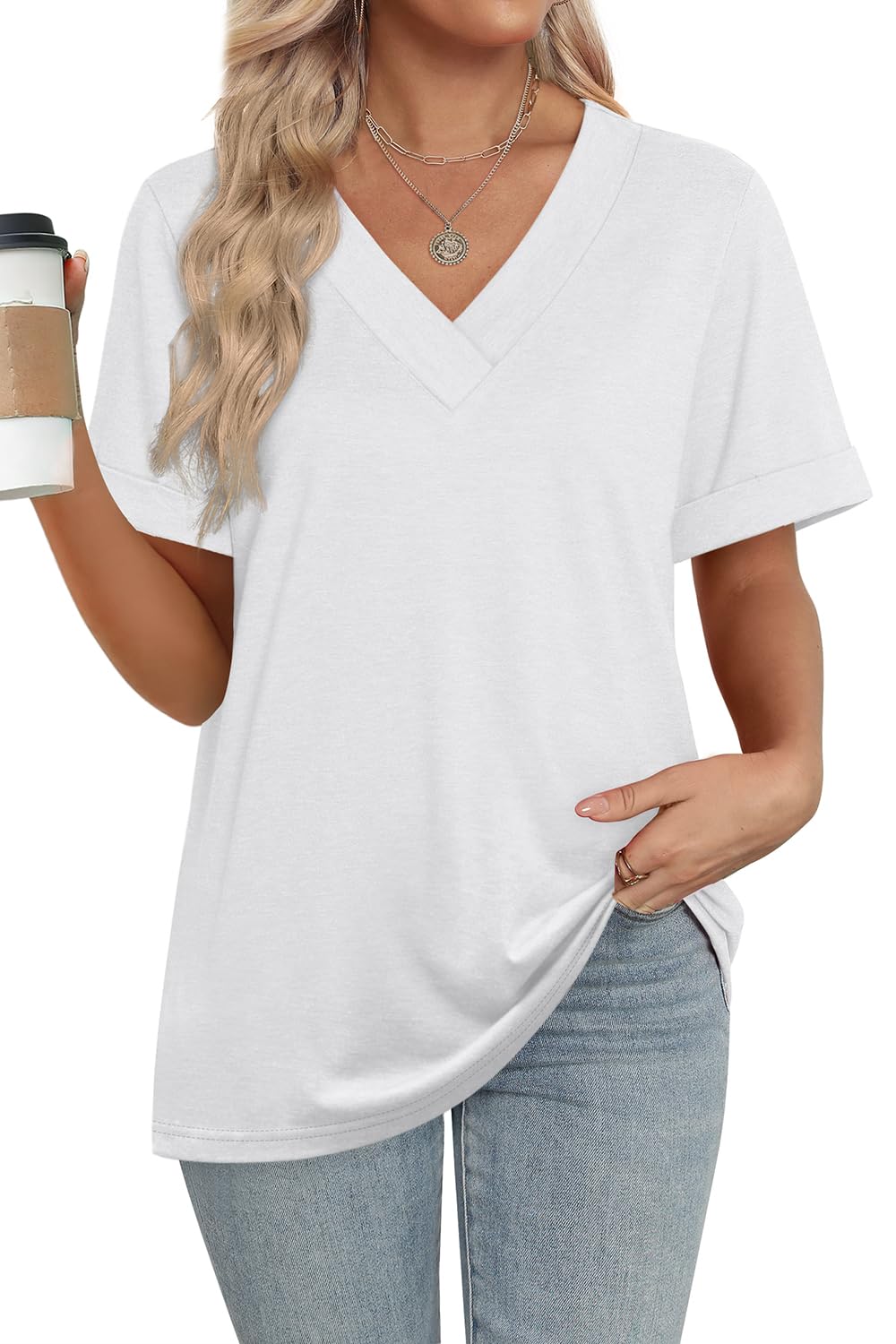 Women's Summer Tops Short Sleeve Basic Casual V Neck T Shirts
