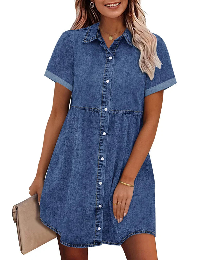 Limited time sale🔥Women's Short Sleeve Button Denim Shirt Dress